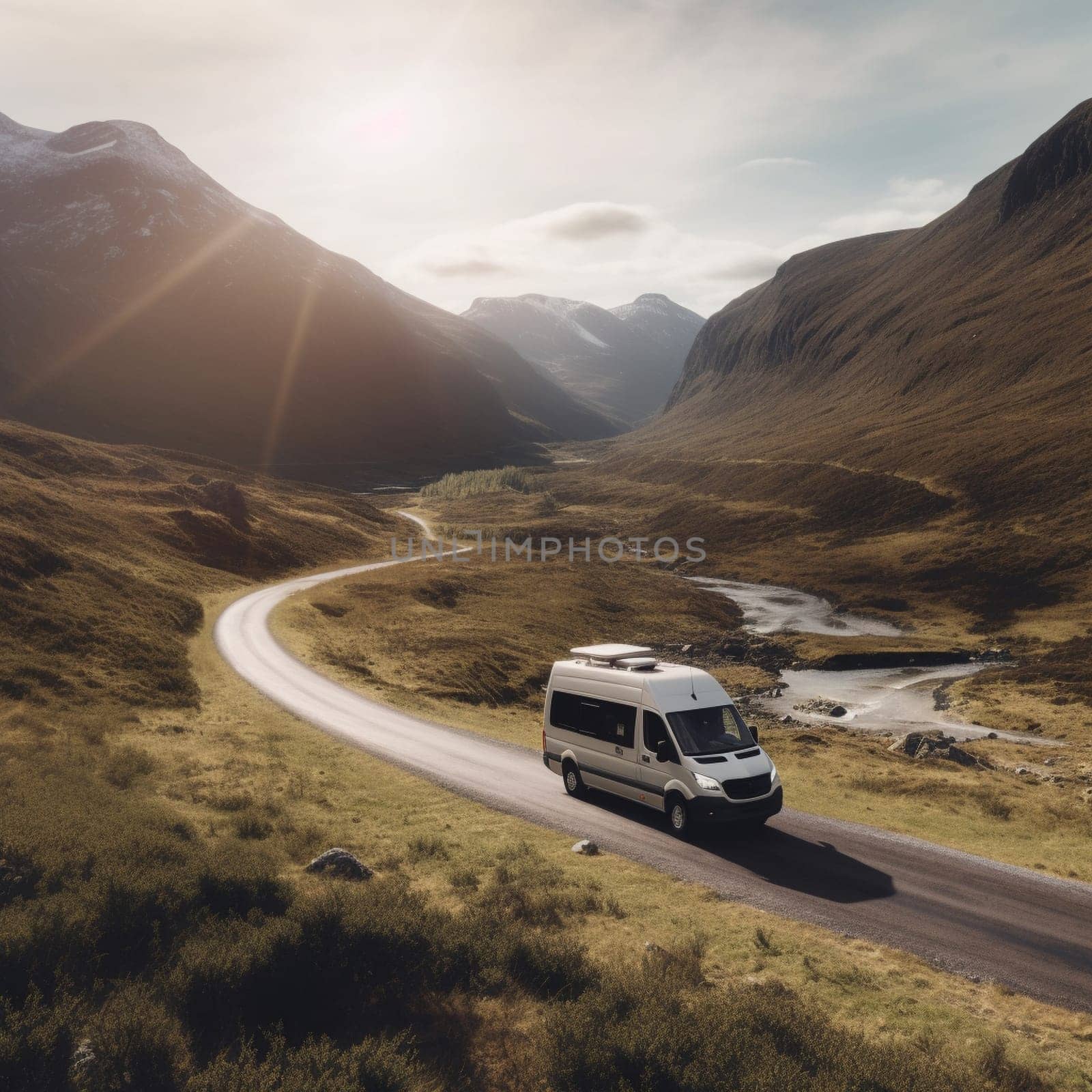 Sleek and Modern Camper Van Parked on a Quiet Country Road with Mountain View by Sahin