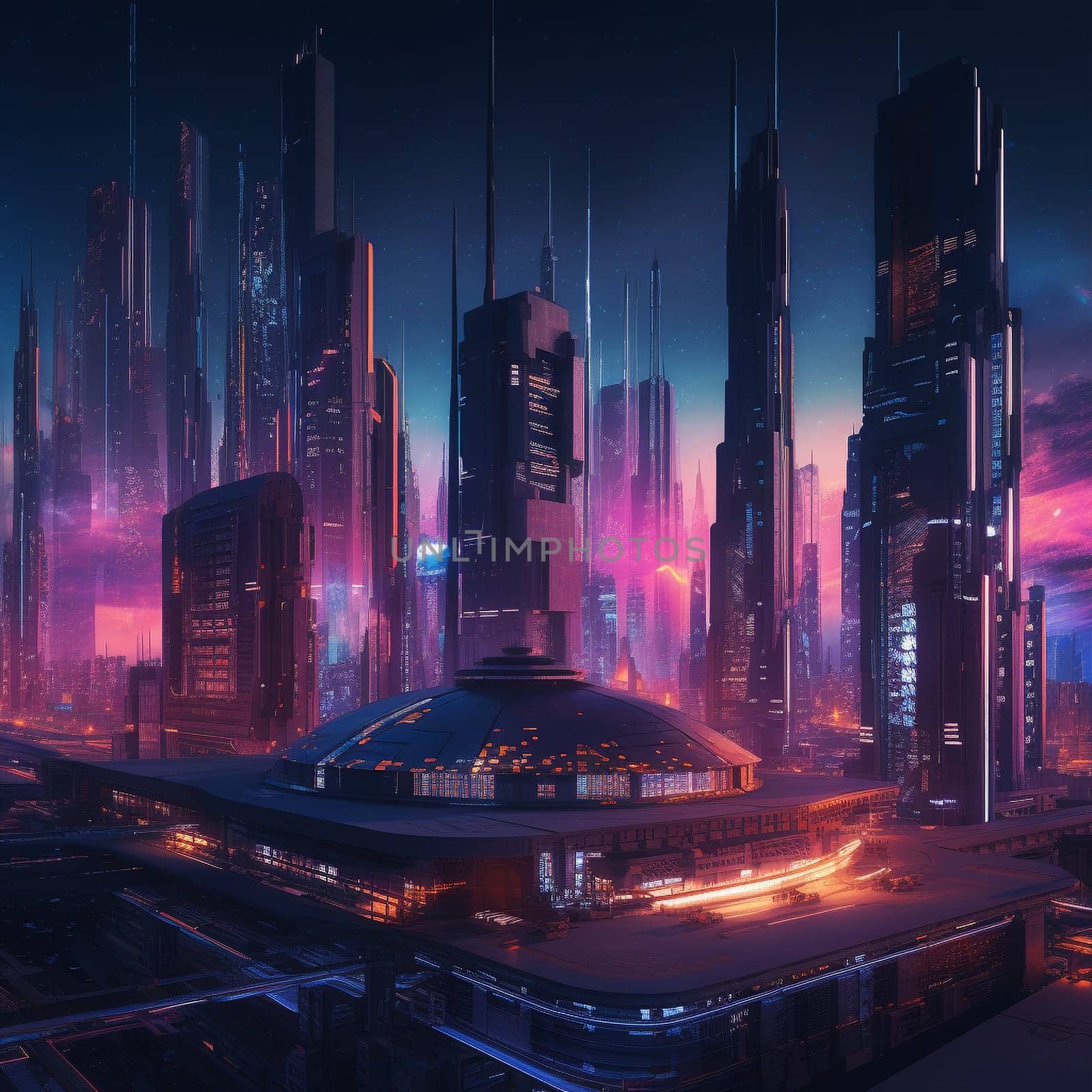Futuristic City Skyline with Neon Lights by Sahin