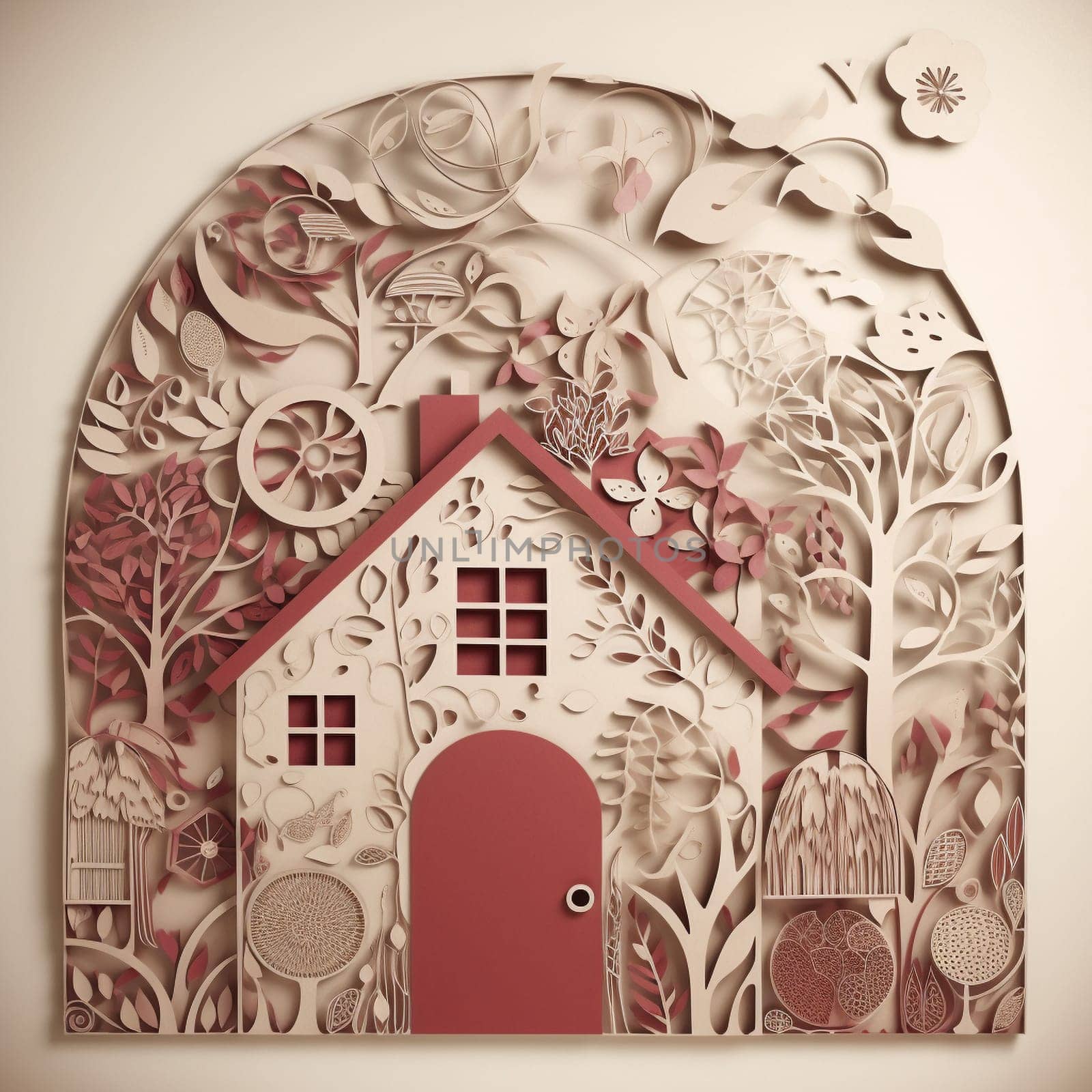 This image features a paper cutout of a house rendered in shades of brown and red, surrounded by a variety of other environmental cutouts arranged in a flowing, organic pattern. The overall effect is visually striking and informative, emphasizing the importance of sustainable housing and reducing our carbon footprint.