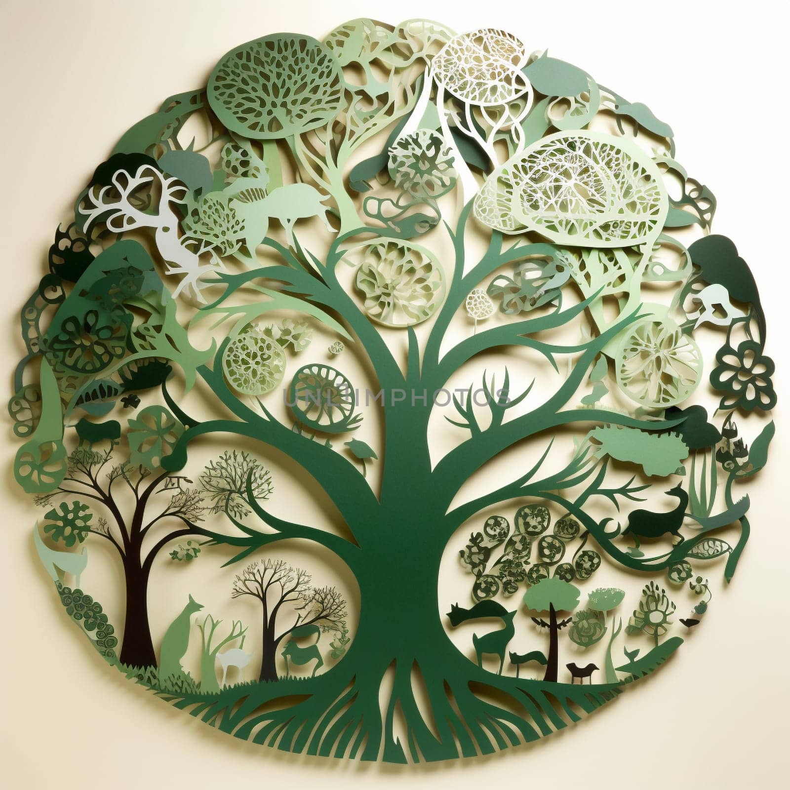 This image features a paper cutout of a tree rendered in shades of green and brown, surrounded by a variety of other environmental cutouts arranged in a flowing, organic pattern. The overall effect is visually striking and informative, emphasizing the importance of protecting our planet's forests and natural resources.