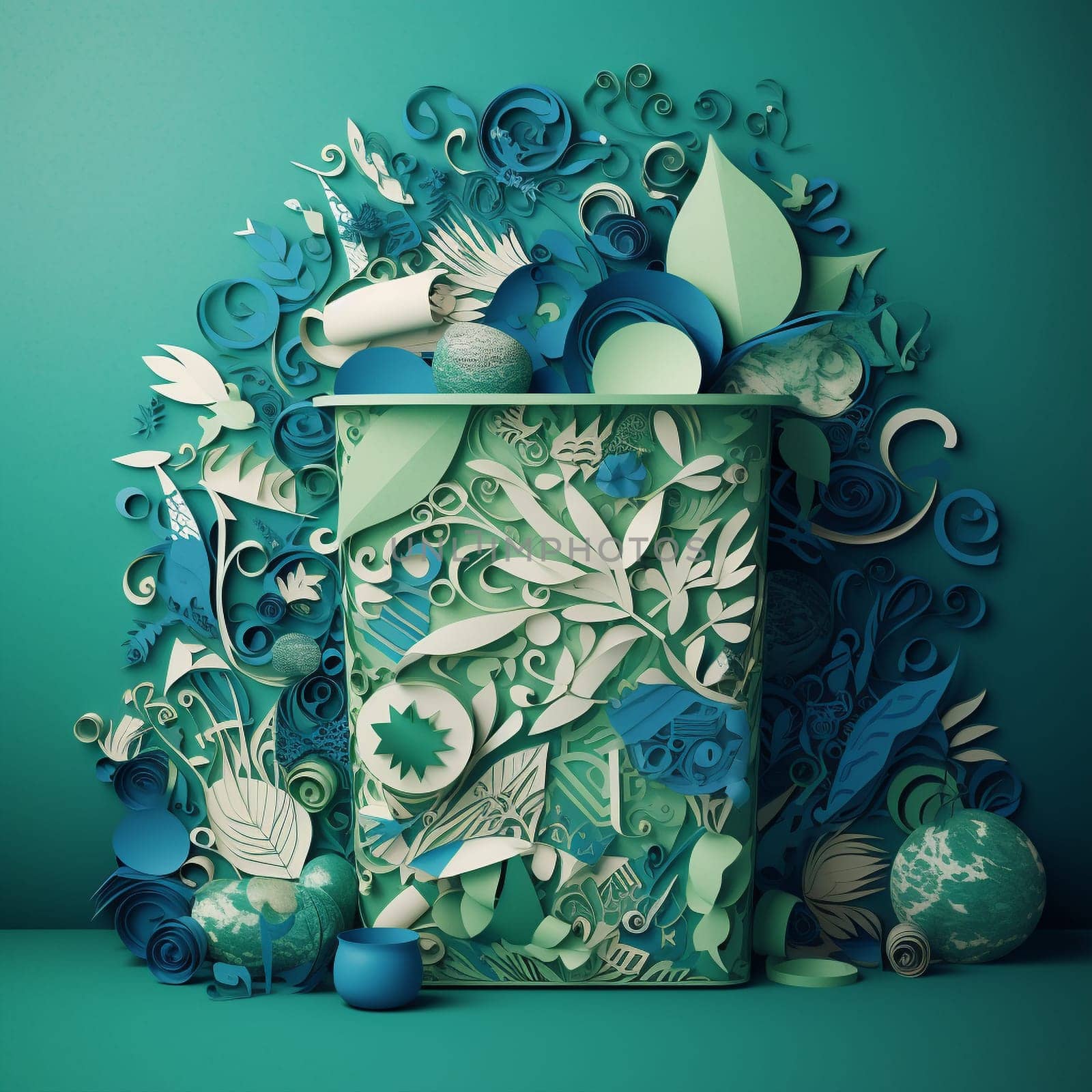 This image features a paper cutout of a recycling bin rendered in shades of green and blue, surrounded by a variety of other environmental cutouts arranged in a flowing, organic pattern. The overall effect is visually striking and informative, highlighting the importance of recycling and reducing waste.