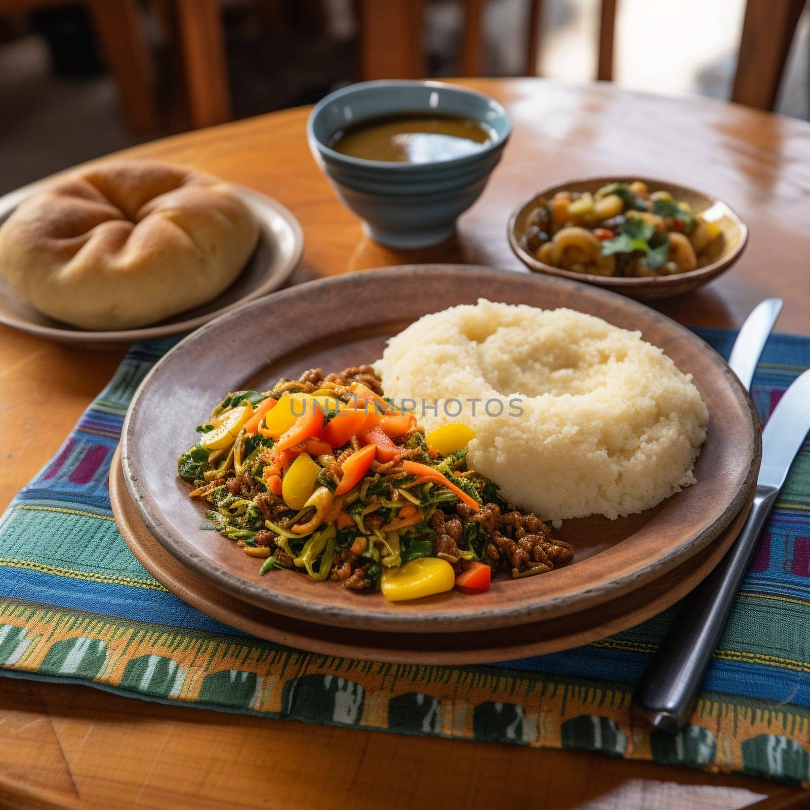 Indulge in the flavors of Tanzania with this hearty and satisfying plate of Ugali, a thick cornmeal porridge, served alongside a colorful vegetable stew. The image is captured from a 45-degree angle, with the plate of Ugali as the main focus, and traditional Tanzanian utensils, such as a wooden spoon and fork, and a side of vegetable stew in the background. The framing is tight, highlighting the colors and textures of the dish. The lighting is soft and natural, casting a warm glow on one side of the image, creating a cozy atmosphere and highlighting the colors and textures of the Ugali and vegetable stew. The emotions evoked by this image are warmth, comfort, and simplicity, inviting the viewer to enjoy a hearty and satisfying meal. The image emphasizes the textures of the thick and hearty Ugali, as well as the bright colors of the vegetable stew. The use of traditional Tanzanian ingredients, such as beans, tomatoes, and onions, is mentioned to add more visual interest and showcase the unique flavors of the dish.