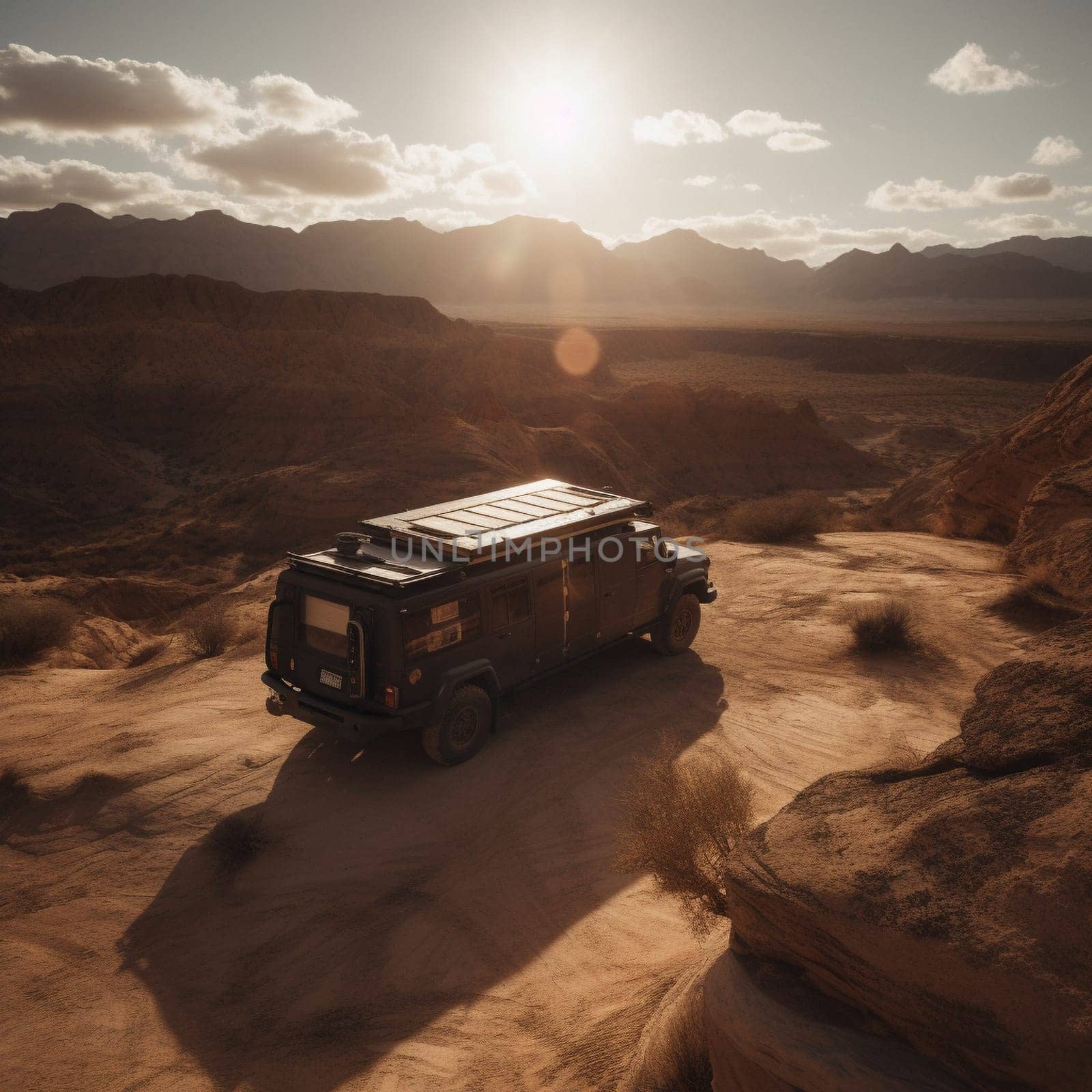 Get ready to explore the great outdoors with this image of a rugged 4x4 camper van parked on the edge of a remote canyon, with a stunning desert landscape visible in the background. The van's exterior is covered in dust and dirt, a testament to the adventures that lie ahead. The solar panels on the roof provide power to the van's amenities, making it a self-sufficient basecamp for your next desert adventure. A small trail leads from the van down into the canyon, inviting you to explore the rugged terrain and discover hidden gems. This is the perfect location for anyone seeking a true desert experience.
