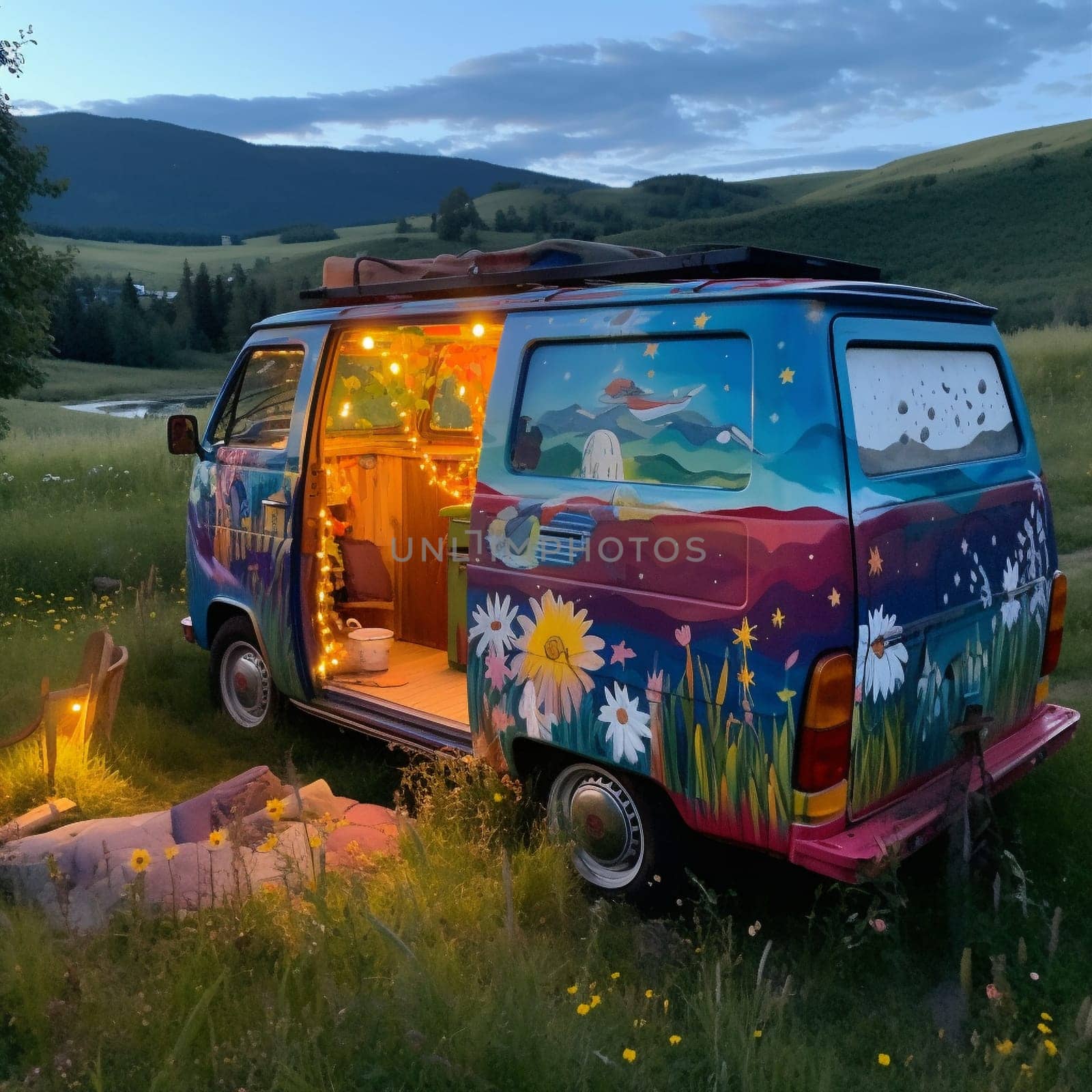 Escape to nature with this image of a camper van parked in a quiet meadow, surrounded by wildflowers and a babbling brook. The van's exterior is decorated with a colorful mural, creating a vibrant and cheerful atmosphere, and a set of fairy lights are strung up outside the van, offering a magical touch to the surroundings. A small wood-fired hot tub is visible in the corner of the meadow, providing a relaxing spot to soak under the stars, enjoying the beauty of the night sky and the peace of the nature. This is the perfect location for a romantic getaway and a tranquil retreat.