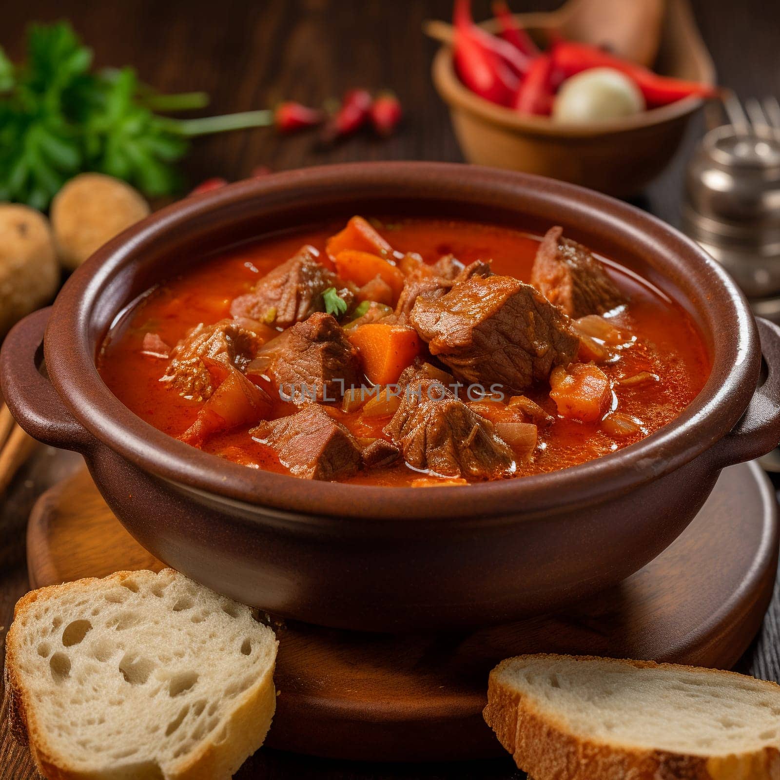 Capture the essence of comfort food with this close-up shot of Hungarian Goulash, a hearty meat and vegetable stew. The dish features tender pieces of beef or pork, slow-cooked in a spicy paprika-infused broth with potatoes, onions, and bell peppers. Served with a side of fresh bread for dipping, this dish is perfect for a cozy night in. The warm, diffused lighting and soft colors of the kitchen scene enhance the comforting atmosphere.