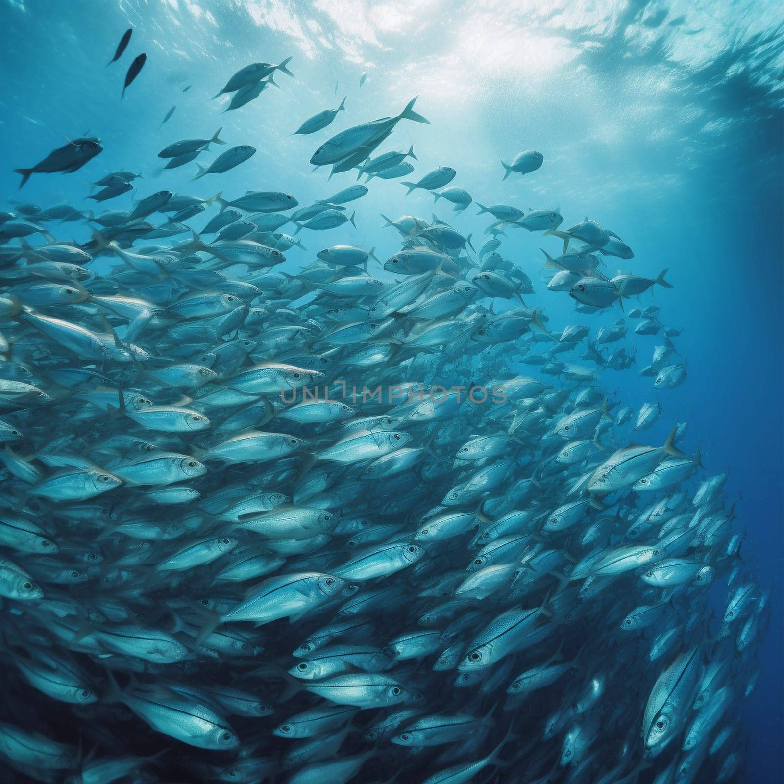 This image captures the beauty of a school of fish swimming in crystal clear waters. It sends a powerful message about the importance of protecting our oceans and promoting sustainable fishing practices. Overfishing, pollution, and climate change are major threats to our oceans and marine life. By adopting sustainable fishing practices, we can help ensure the long-term health and vitality of our oceans. This image serves as a reminder of the incredible beauty and diversity of marine life and the urgent need to protect it.