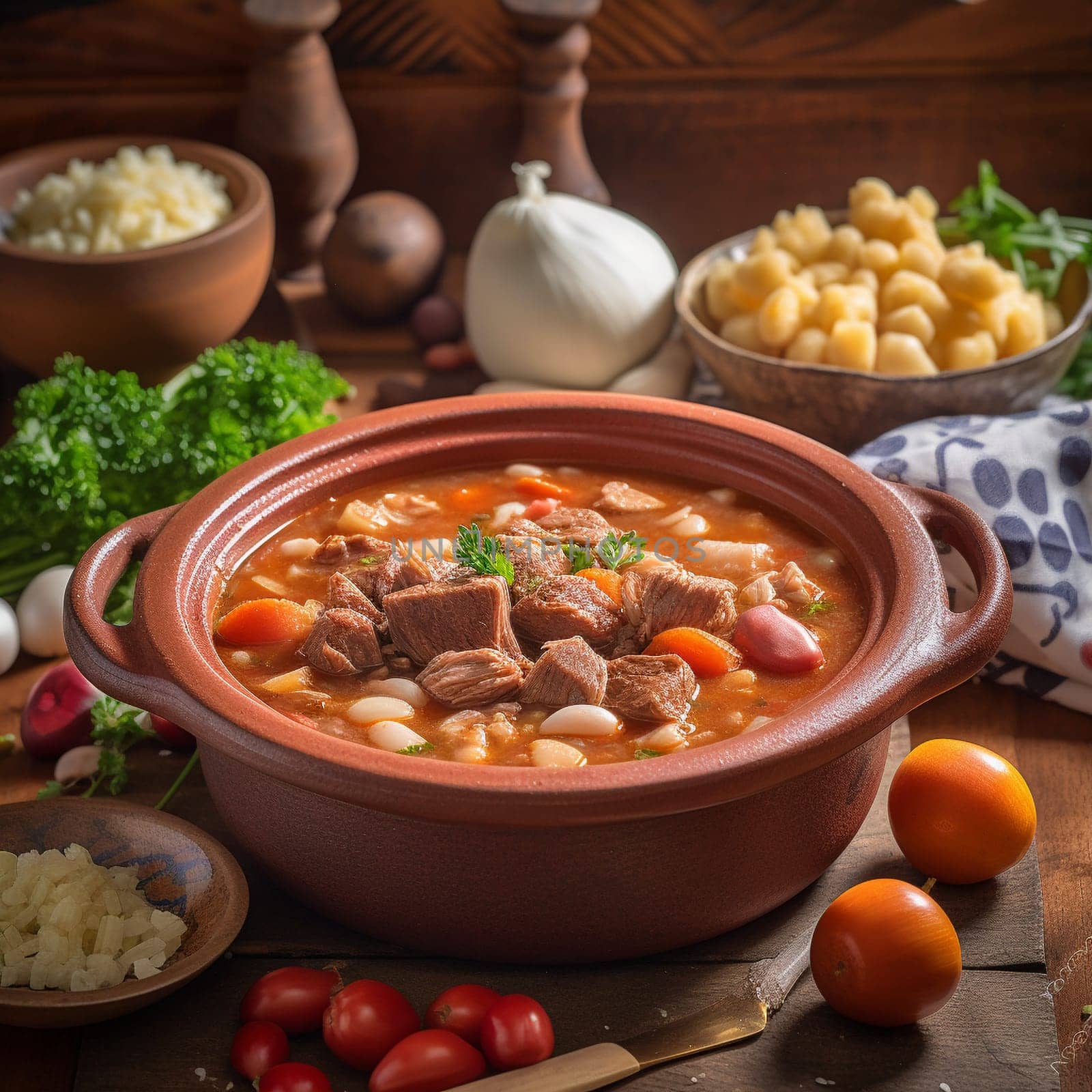 Experience the flavors of Cape Verde with Cachupa - a savory stew made from hominy and beans, with tender meat and vegetables. This authentic Cape Verdean dish is perfect for a cozy dinner, with the tender meat and beans complementing the colorful vegetables. Taste the unique flavors of this dish, enhanced by traditional Cape Verdean ingredients such as sweet potatoes, kale, and garlic.