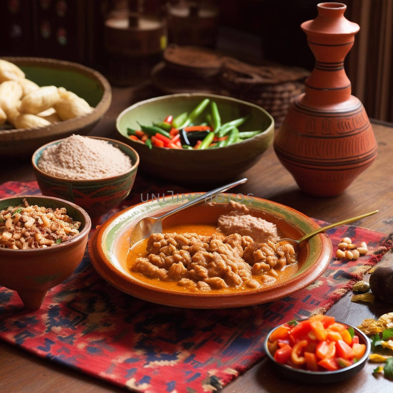 Indulge in the rich and flavorful Mali's Tigadegena, a peanut sauce with tender meat. This authentic dining experience features a tight shot of the Tigadegena as the main focus, with traditional Malian utensils and colorful vegetables in the background. The image is captured from a 45-degree angle, highlighting the creaminess and nuttiness of the Tigadegena, as well as the flavors and colors of the accompanying meat and vegetables. Use a DSLR camera with a 50mm prime lens to achieve a shallow depth of field and set the ISO to 800 to capture enough light in low-light conditions. The lighting should be soft and natural, with a warm glow coming from one side of the image, creating a cozy atmosphere and highlighting the colors and textures of the ingredients. Mention the use of traditional Malian ingredients, such as okra, tomatoes, and onions, to add more visual interest and showcase the unique flavors of the dish.
