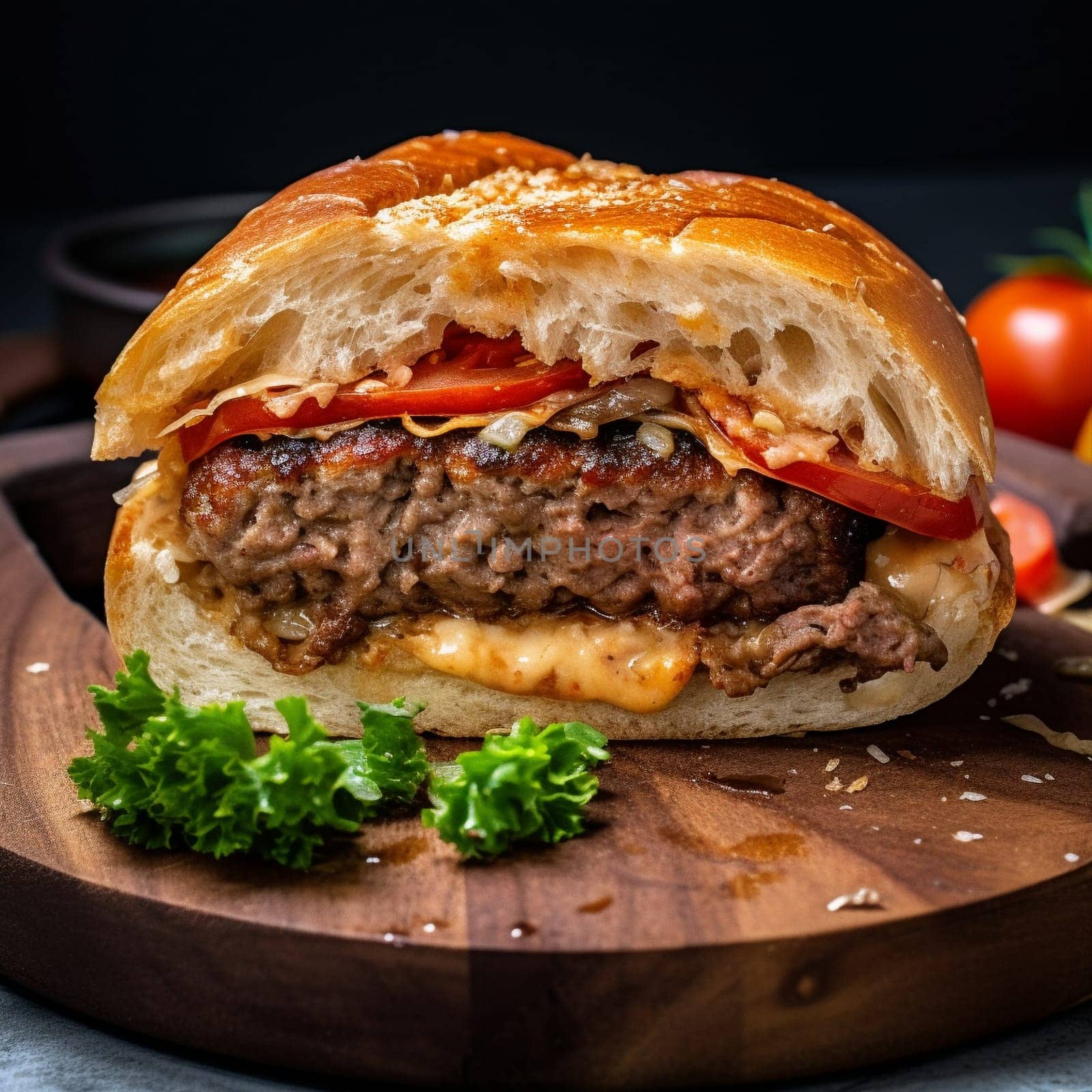 Capture the mouthwatering and juicy essence of Serbian Pljeskavica, a grilled meat patty made with a mixture of ground meat (usually beef or pork), grilled to perfection, and served on a bun with a variety of toppings like cheese, onion, and tomato. It is often served with a side of fries or salad, and is a staple of Serbian cuisine. Use a 50mm prime lens on a full-frame camera to capture a close-up shot of the Pljeskavica, highlighting its texture and bright colors in a lively and colorful outdoor scene with dramatic lighting. Use bright, natural lighting with a reflector to highlight the texture and colors of the Pljeskavica, creating a mouthwatering and juicy mood.