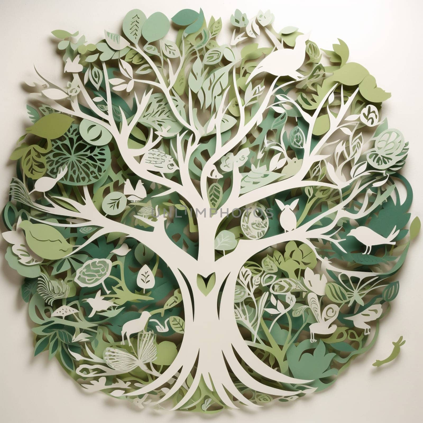 This image features a paper cutout of a tree rendered in shades of green and brown, surrounded by a variety of other environmental cutouts arranged in a flowing, organic pattern. The overall effect is visually striking and informative, emphasizing the importance of protecting our planet's forests and natural resources.