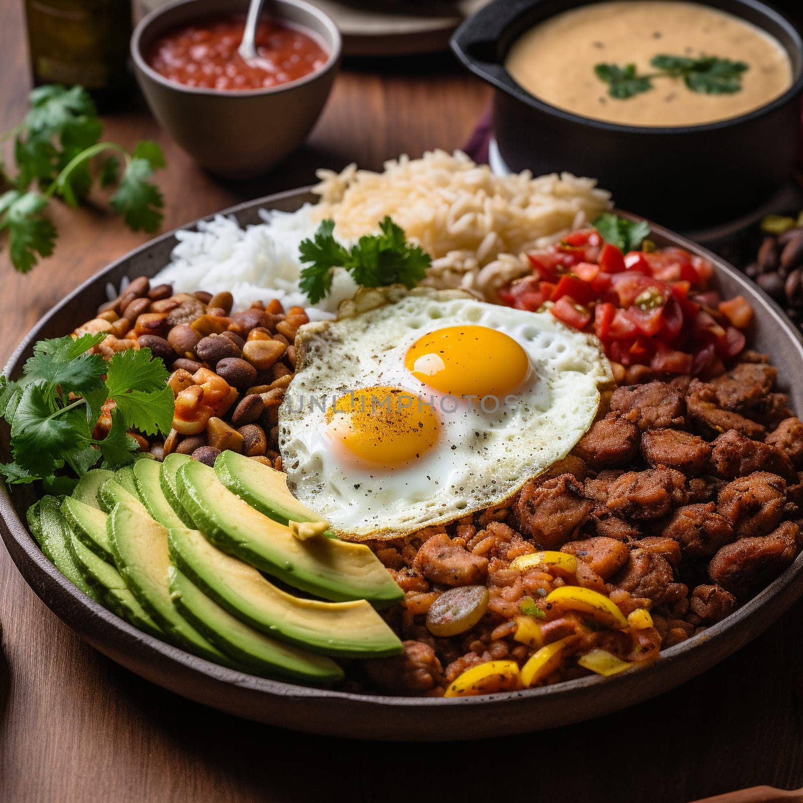 Experience the vibrant flavors and festive atmosphere of a Colombian Bandeja Paisa (mixed platter) in this close-up shot. The dish features a hearty combination of rice, beans, ground meat, chorizo, fried egg, plantains, and avocado, all arranged artfully on a large plate. The dish is garnished with finely chopped cilantro leaves and lime wedges for added freshness. In the background, there's a lively street market scene, with colorful vendors and cheerful music adding to the festive atmosphere. The bright, natural lighting with a reflector enhances the texture and colors of the food, creating a lively and celebratory mood.