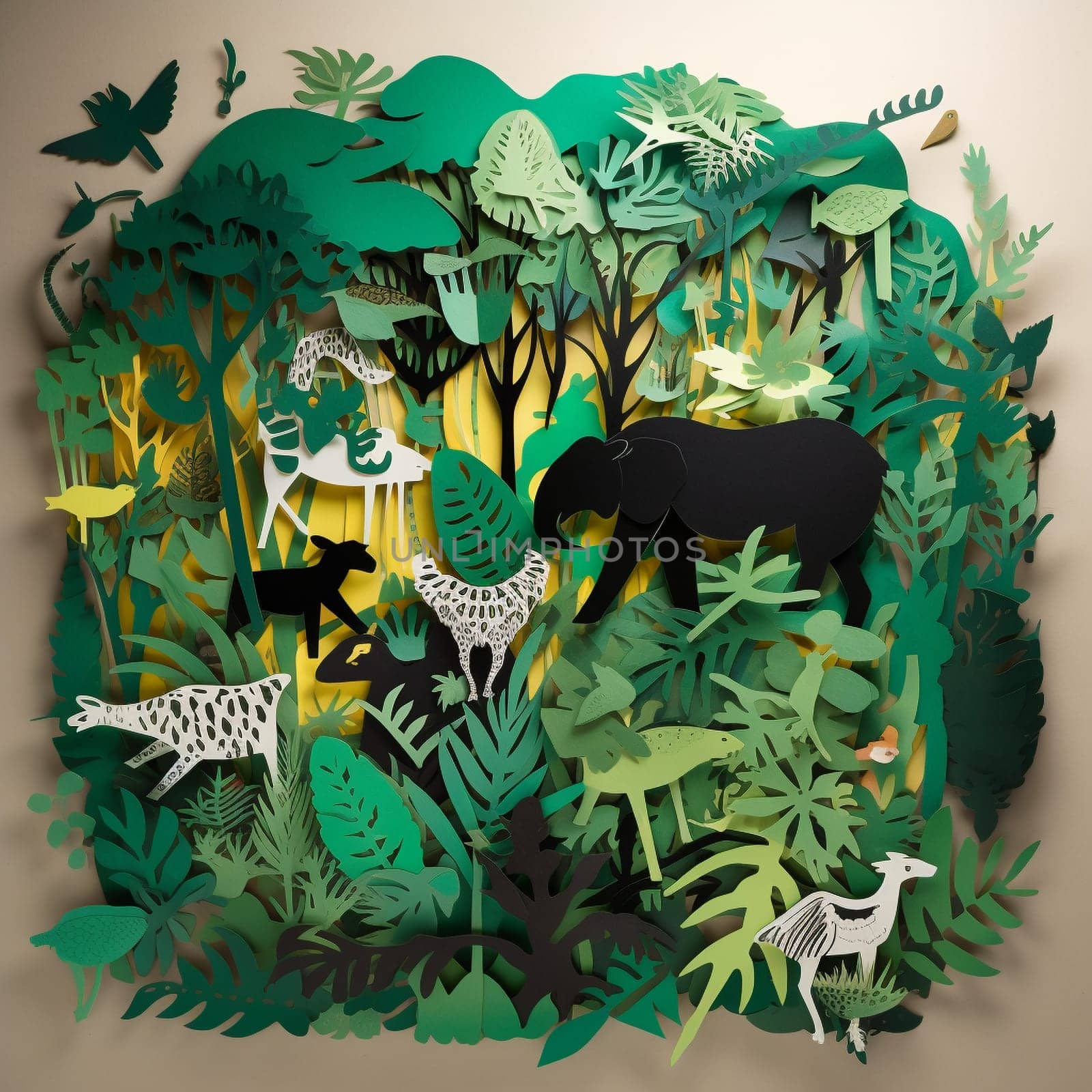 This image features a series of paper cutouts of various endangered animals rendered in a variety of bright colors, arranged in a flowing, organic pattern against a backdrop of a lush green forest. The overall effect is visually striking and informative, highlighting the importance of protecting endangered species and their habitats.