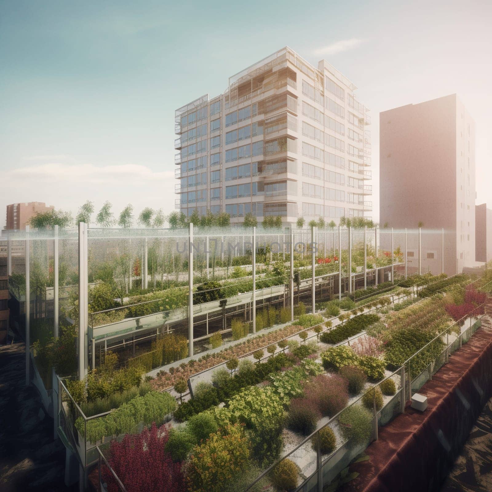 This image captures the innovation and sustainability of urban farming practices, showing a greenhouse growing on the rooftop of a high-rise building, filled with rows of fresh herbs and vegetables. The greenhouse is a testament to the possibilities of urban farming, showing how even the most unlikely spaces can be transformed into productive and sustainable growing environments. The image conveys the sense of hope and possibility that comes from seeing something beautiful and unexpected growing in the heart of the city.