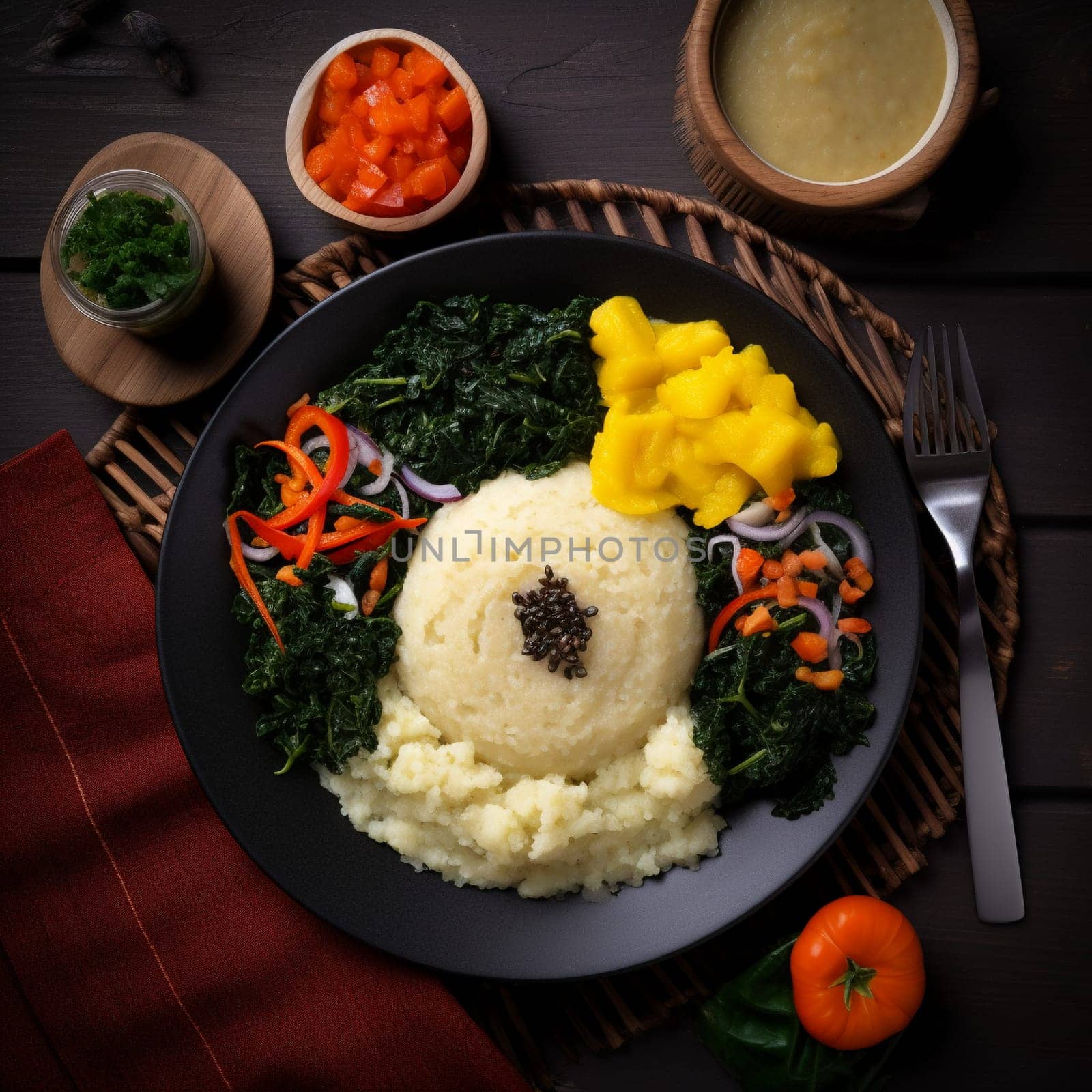 Savor the simple yet delicious flavors of Rwanda's Ugali with Isombe, a cornmeal porridge with cassava leaves. This image showcases the plate of Ugali with Isombe as the main focus, captured from a top-down perspective with a tight framing that highlights the variety of colorful ingredients and their vivid colors. The plate is placed on a traditional Rwandan plate or mat, evoking a sense of authenticity and cultural significance. Around the main dish, smaller bowls containing additional Rwandan dishes or condiments, such as beans or banana beer, add to the overall presentation. The lighting is natural and indirect, streaming in from one side, casting soft shadows that accentuate the textures and colors of the ingredients. The image evokes a sense of simplicity, comfort, and tradition, inviting the viewer to enjoy a humble and nourishing African meal. Emphasize the smooth and slightly grainy texture of the Ugali, as well as the flavors and aromas of the cassava leaves. Traditional Rwandan ingredients such as peanuts, chilies, and ginger add more visual interest and showcase the unique flavors of the dish.