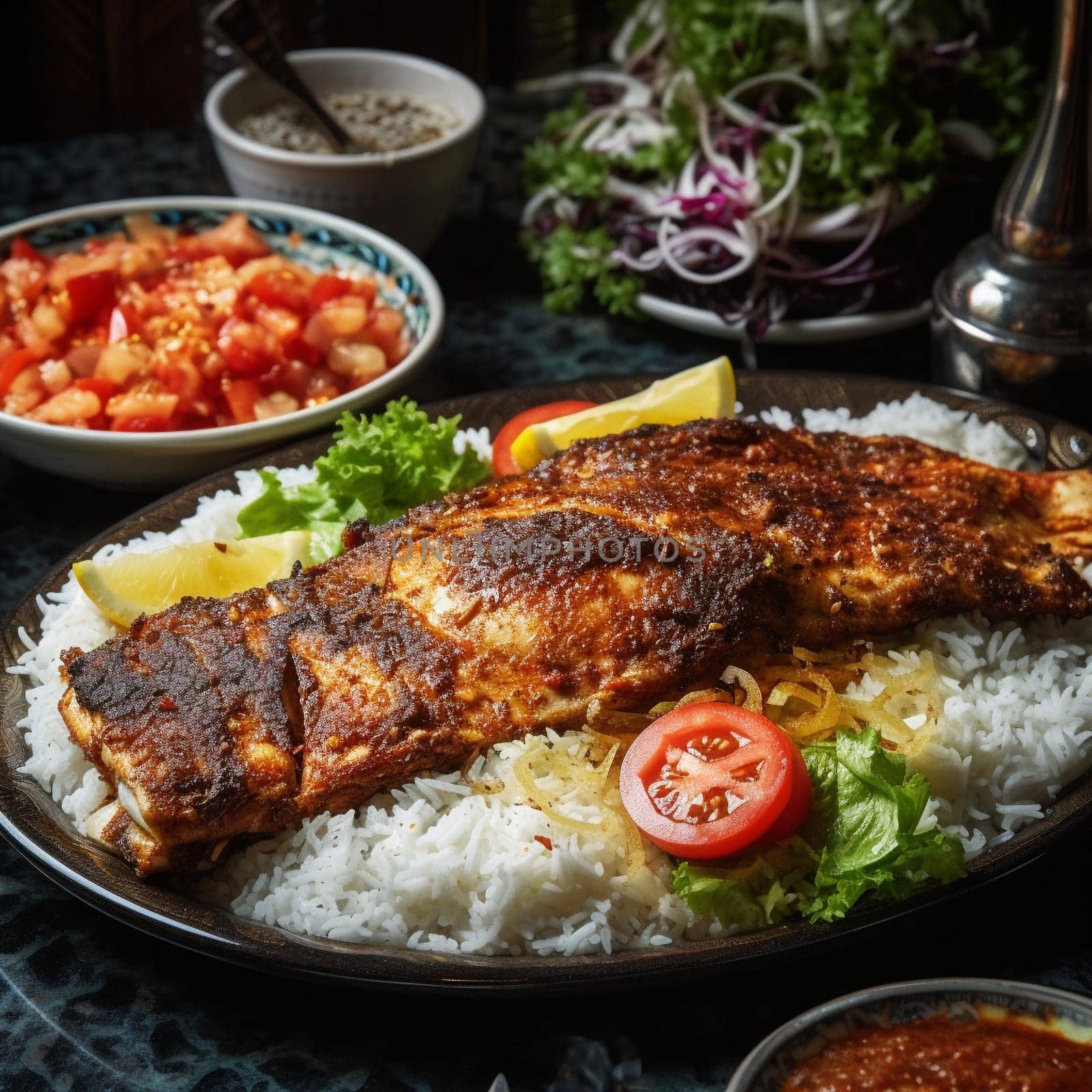 Savor the smoky and flavorful taste of Iraq with this delicious Masgouf grilled fish! Featuring tender and flaky meat, grilled to perfection over an open flame and seasoned with spices such as cumin and sumac, this Masgouf is served with a side of rice and a refreshing salad of lettuce and tomatoes. The lively and colorful outdoor scene in the background adds to the festive atmosphere of this flavorful meal.