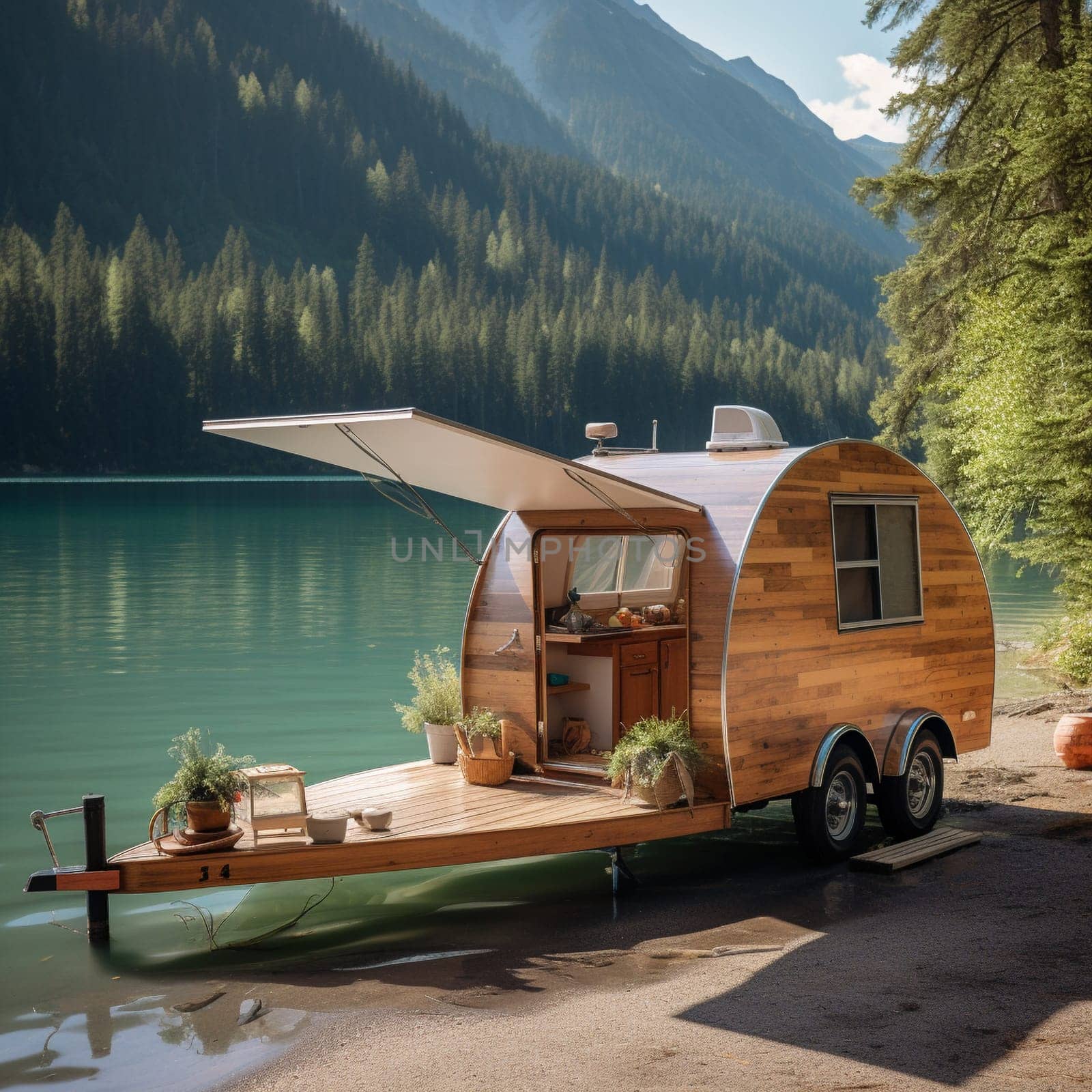 This gorgeous image features a camper trailer parked on the edge of a serene mountain lake, surrounded by a dense forest and snow-capped peaks visible in the background. The trailer's large windows provide stunning views of the lake and the surrounding natural beauty, bringing the tranquility of the outdoors inside. Outside the trailer, a small dock extends from the shore, offering a spot to launch a paddleboard or canoe and explore the calm waters of the lake. A small picnic table and chairs are set up outside the trailer, providing a comfortable and scenic spot to enjoy a meal with family and friends while taking in the stunning views.