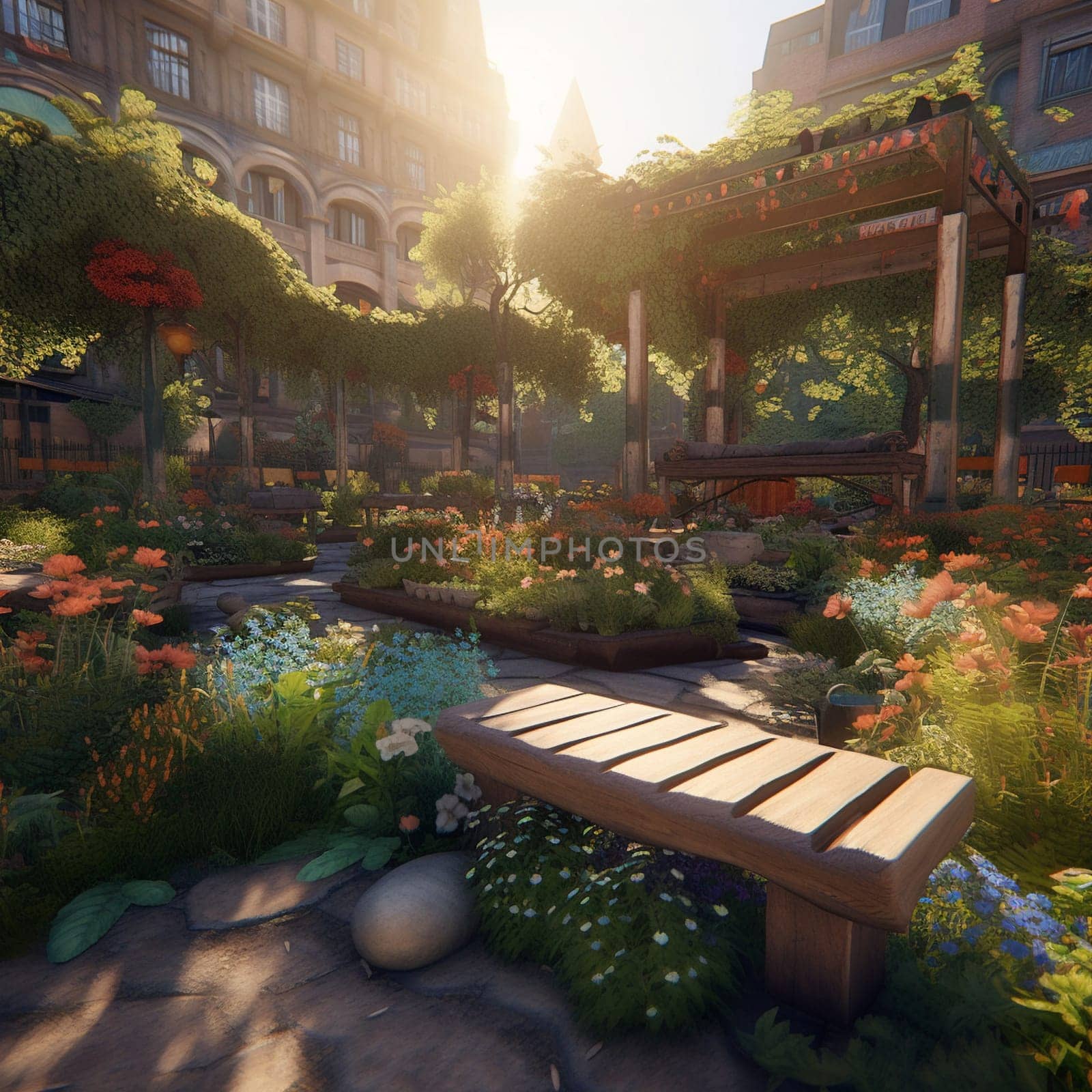 This image captures the beauty and vibrancy of urban gardening, showcasing how even in the most unlikely places, nature can thrive. The garden is filled with vibrant flowers and thriving vegetables, surrounded by colorful pipes that have been repurposed as planters. The whole scene is bathed in warm sunlight, providing a serene and peaceful escape from the hustle and bustle of the city.