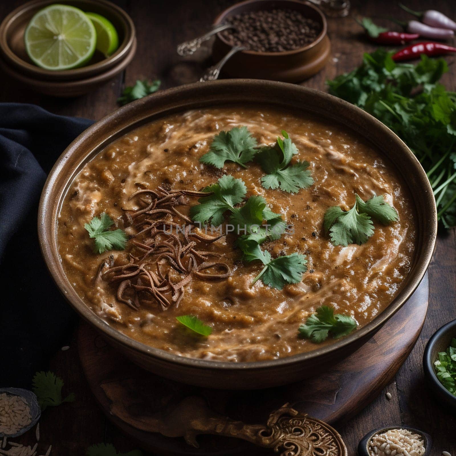 Close-up of Pakistani Haleem (meat and lentil stew) with Paratha Bread by Sahin