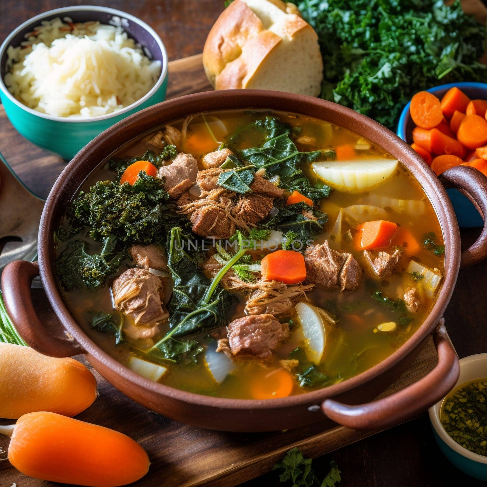 This close-up shot captures the colorful and aromatic taste of Malagasy Romazava, a meat and vegetable stew made with a variety of meats (usually beef or pork) and vegetables (such as spinach, carrots, and onions) cooked in a flavorful broth with garlic, ginger, and other spices. The Romazava is often served with a side of rice or other starchy dishes. The vibrant and bustling outdoor scene in the background adds to the lively atmosphere, with bright colors and natural lighting enhancing the mood. The use of bright, natural lighting with a diffuser highlights the colors and aromas of the stew, creating a lively and flavorful mood.