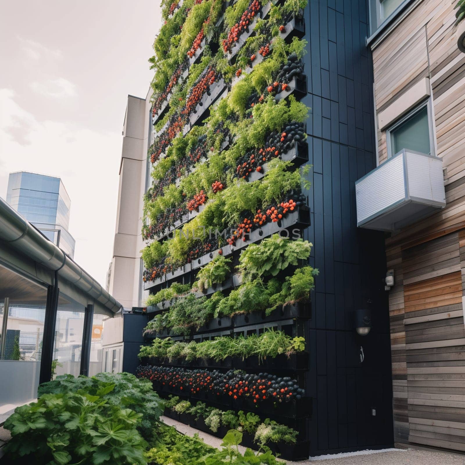 Experience the beauty and functionality of urban gardening with this vertical fruit garden growing up the side of a building. This garden is filled with juicy fruits like strawberries, raspberries, and blueberries, providing not only a visual spectacle but also delicious and nutritious produce.