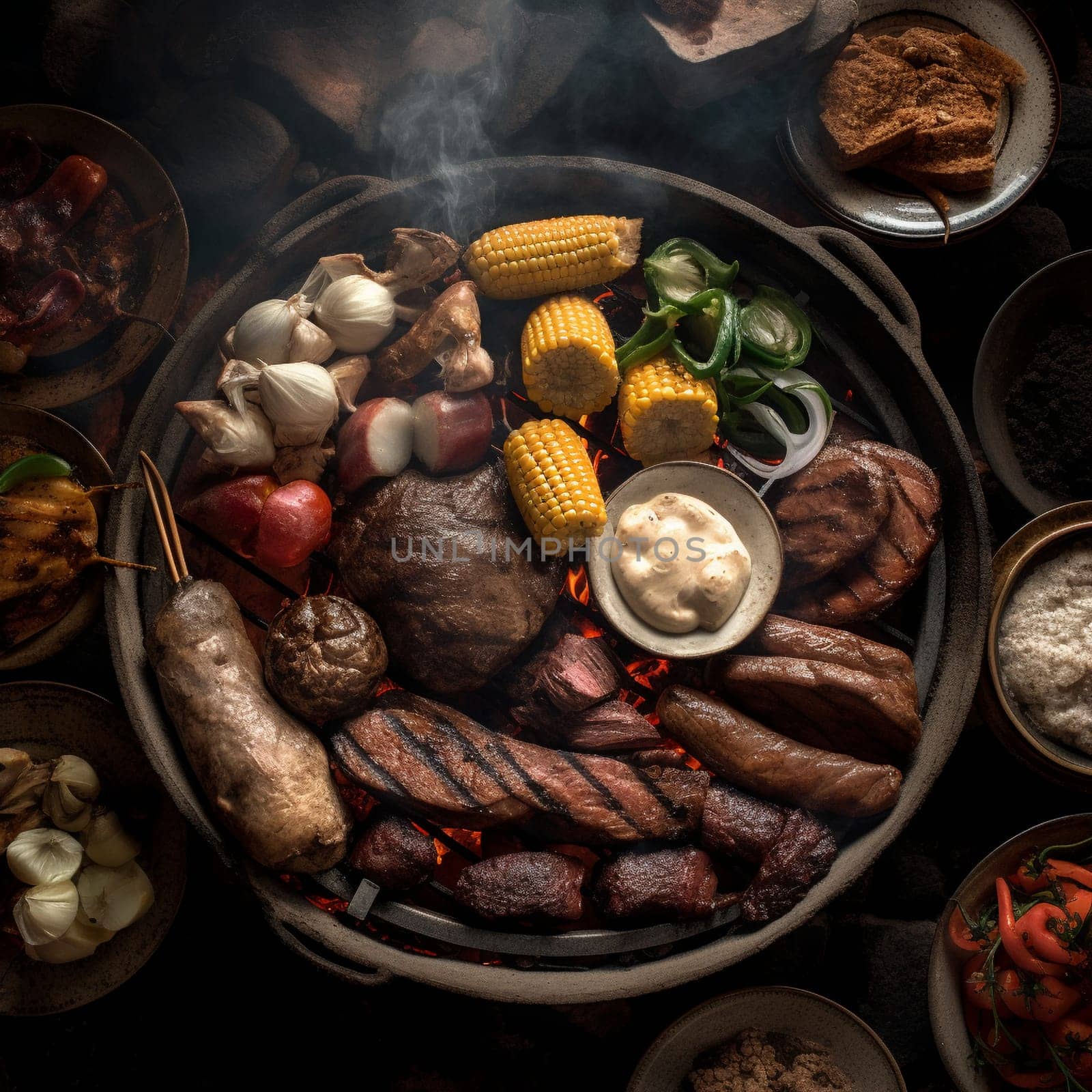 Indulge in the mouth-watering flavors and festive atmosphere of an Argentina Asado (barbecue) with this enticing overhead shot. The scene features a sizzling grill filled with a variety of meats, including beef, pork, and sausages, as well as grilled vegetables like peppers and onions. The meat is cooked to perfection, with a golden-brown crust and juicy pink interior, and is served on a wooden platter with chimichurri sauce on the side. In the background, there's a lively outdoor gathering of friends and family, with colorful decorations and music adding to the festive atmosphere. The soft, natural lighting with a diffuser highlights the textures and colors of the food, evoking feelings of warmth, togetherness, and celebration.