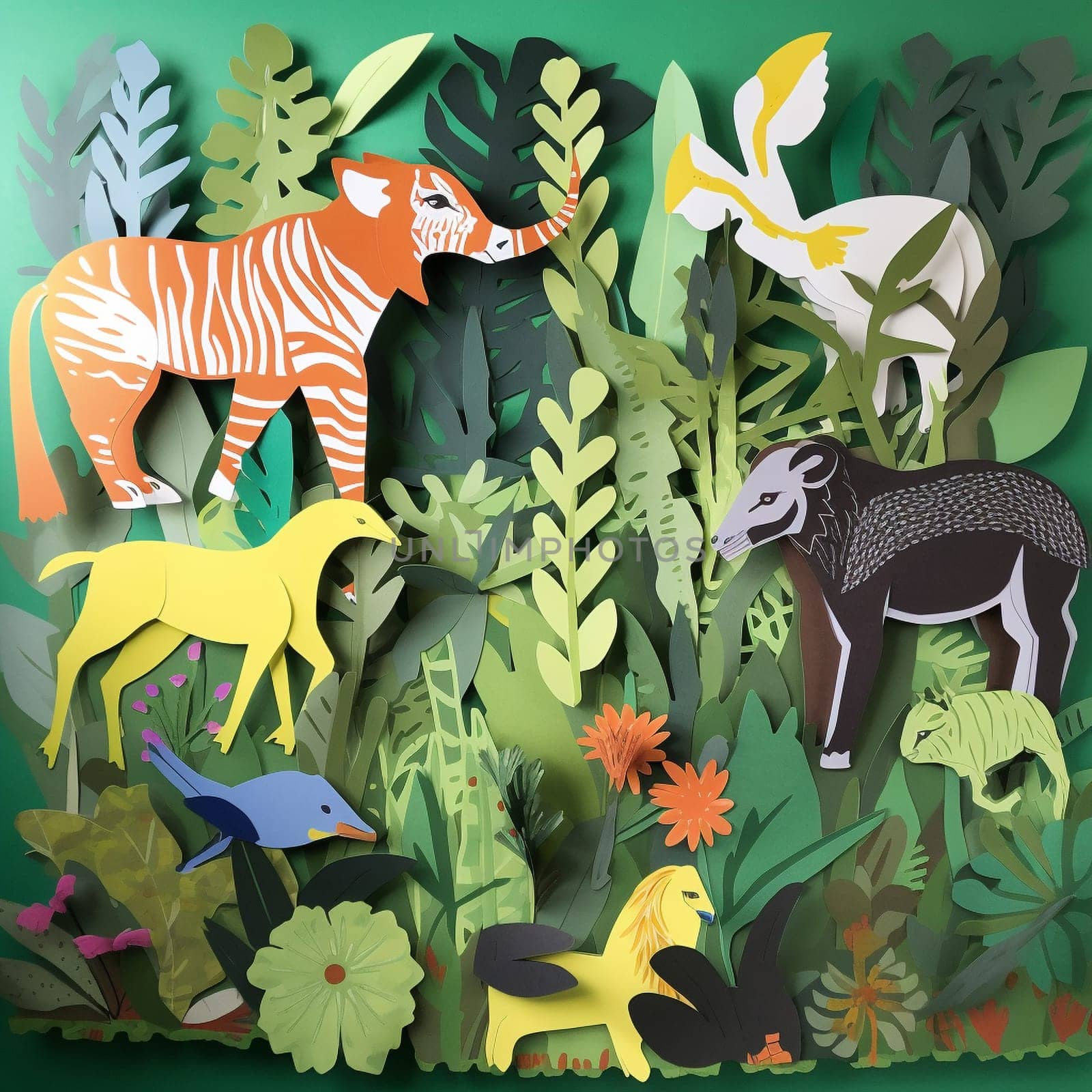 This image features a series of paper cutouts of various endangered animals rendered in a variety of bright colors, arranged in a flowing, organic pattern against a backdrop of a lush green forest. The overall effect is visually striking and informative, highlighting the importance of protecting endangered species and their habitats.