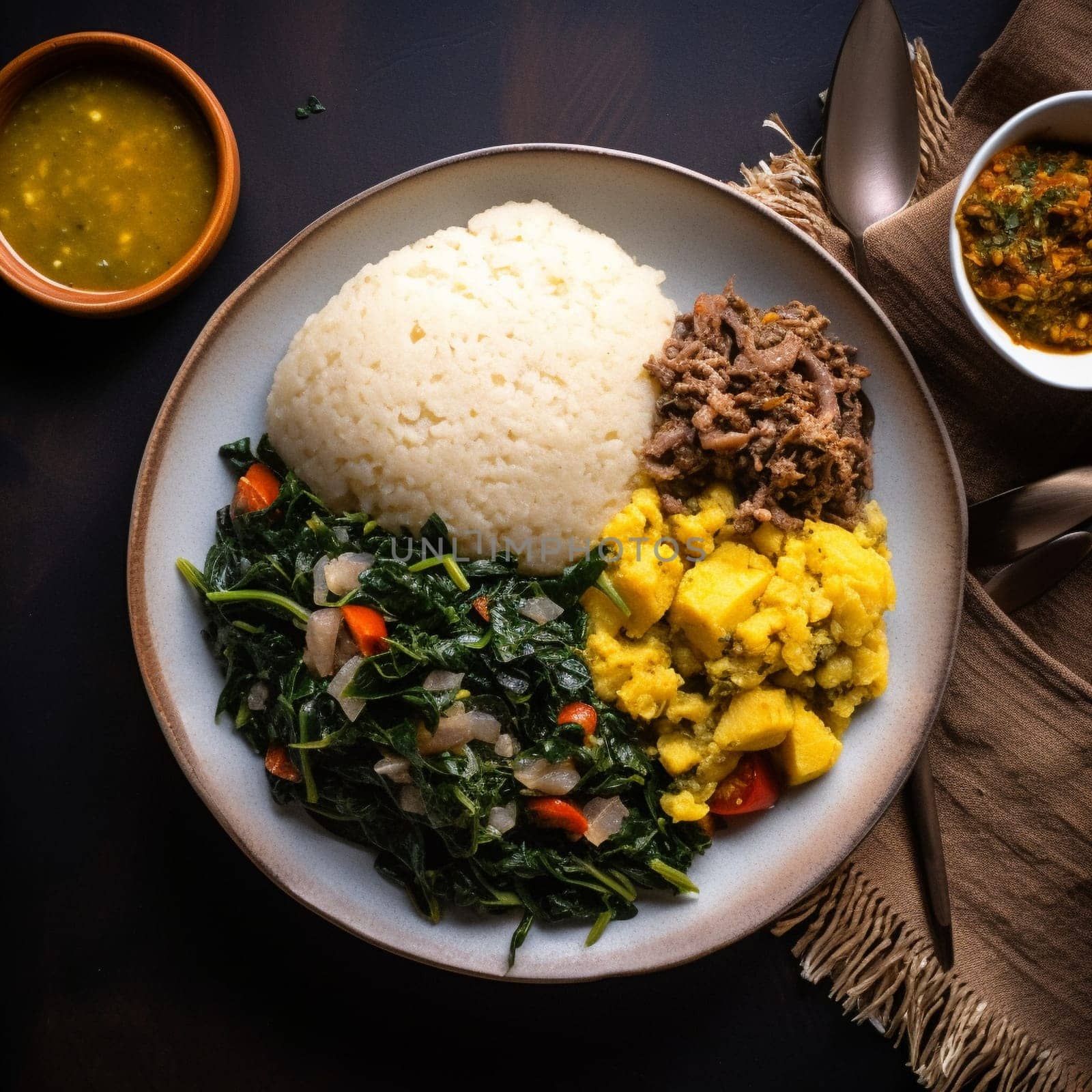 Savor the simple yet delicious flavors of Rwanda's Ugali with Isombe, a cornmeal porridge with cassava leaves. This image showcases the plate of Ugali with Isombe as the main focus, captured from a top-down perspective with a tight framing that highlights the variety of colorful ingredients and their vivid colors. The plate is placed on a traditional Rwandan plate or mat, evoking a sense of authenticity and cultural significance. Around the main dish, smaller bowls containing additional Rwandan dishes or condiments, such as beans or banana beer, add to the overall presentation. The lighting is natural and indirect, streaming in from one side, casting soft shadows that accentuate the textures and colors of the ingredients. The image evokes a sense of simplicity, comfort, and tradition, inviting the viewer to enjoy a humble and nourishing African meal. Emphasize the smooth and slightly grainy texture of the Ugali, as well as the flavors and aromas of the cassava leaves. Traditional Rwandan ingredients such as peanuts, chilies, and ginger add more visual interest and showcase the unique flavors of the dish.