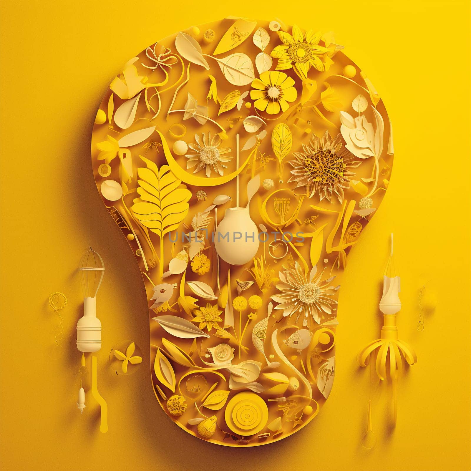 This image features a paper cutout of a light bulb rendered in shades of yellow, surrounded by a variety of other energy-related cutouts arranged in a flowing, organic pattern. The overall effect is visually striking and informative, highlighting the importance of reducing our energy consumption and promoting sustainable energy practices.