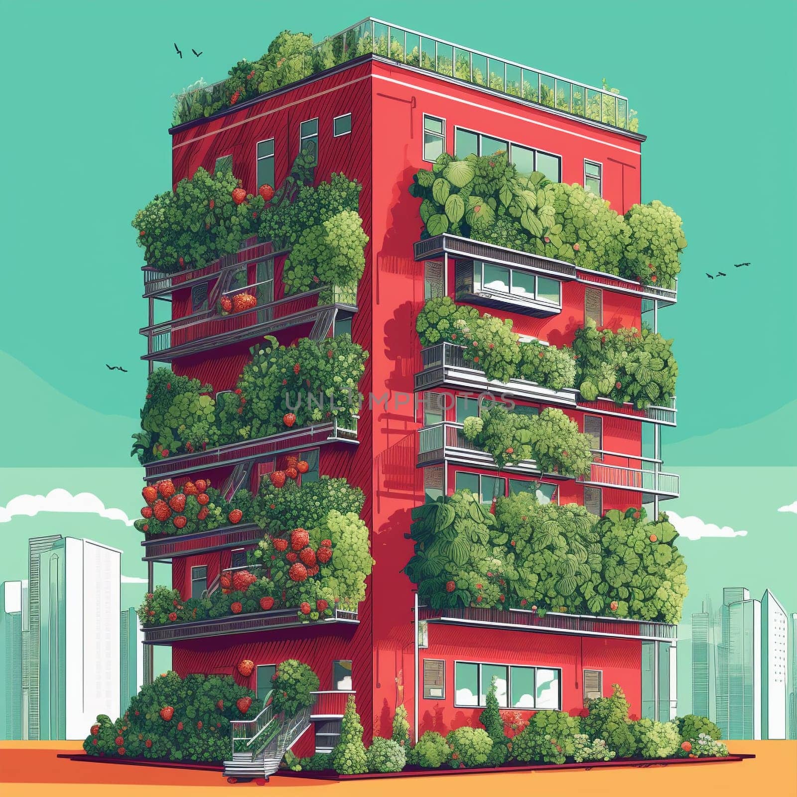 Experience the beauty and functionality of urban gardening with this vertical fruit garden growing up the side of a building. This garden is filled with juicy fruits like strawberries, raspberries, and blueberries, providing not only a visual spectacle but also delicious and nutritious produce.