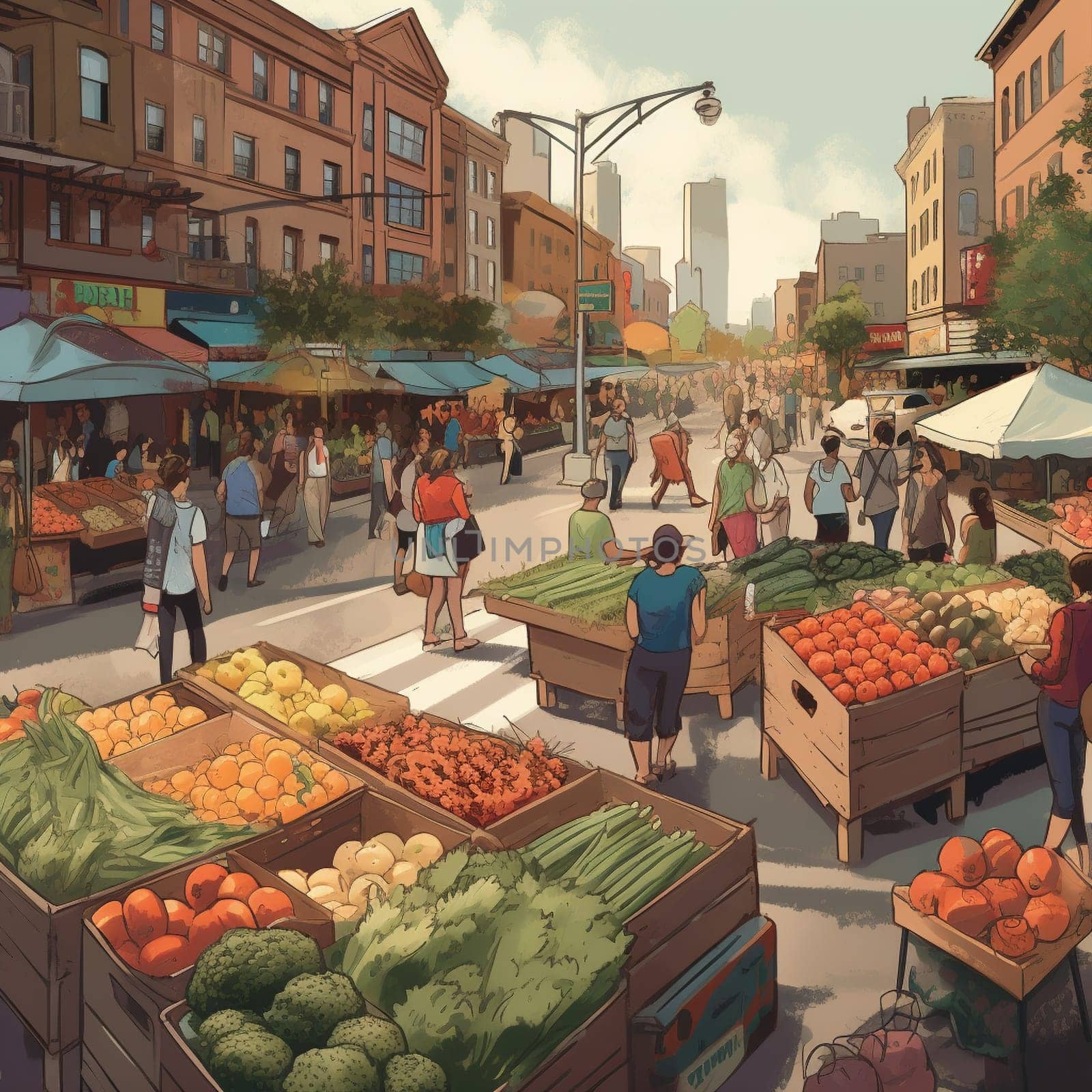 This image captures the importance of local, sustainable farming practices in an urban setting, showing a bustling farmer's market in the midst of a busy city street, with vendors selling fresh produce and handmade goods. The market is a testament to the power of community and the importance of connecting people to the source of their food, and the image conveys the sense of abundance and sustainability that comes from supporting local farmers and producers.