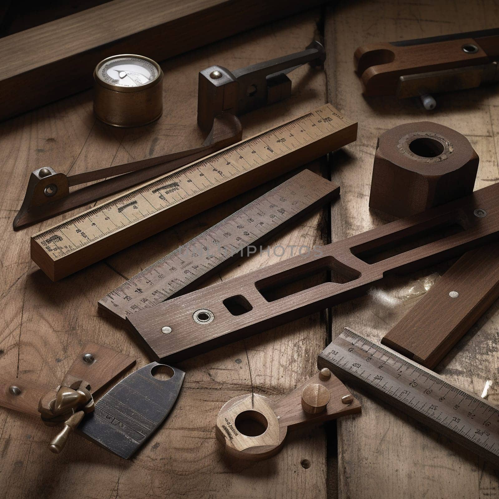 This measuring tools showcase image highlights the importance of measuring and precision in woodworking by showcasing different measuring tools such as rulers, calipers, and squares. The proper lighting and composition techniques emphasize the precision required in the woodworking process, showcasing the attention to detail and accuracy that is necessary for a successful woodworking project.