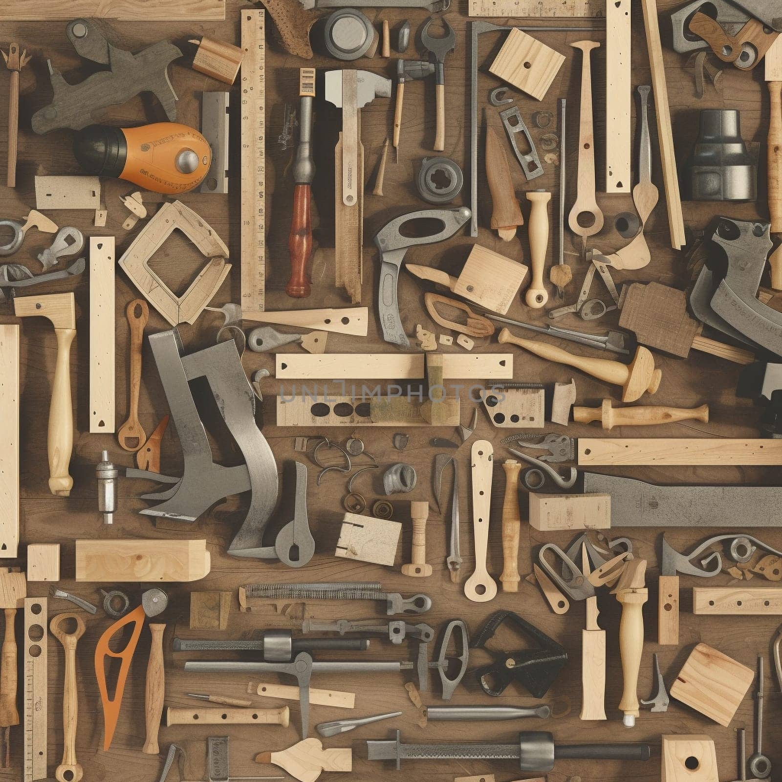Explore the world of woodworking with this image showcasing a variety of tools and materials, including saws, chisels, hammers, measuring tapes, wood shavings, and different types of wood.