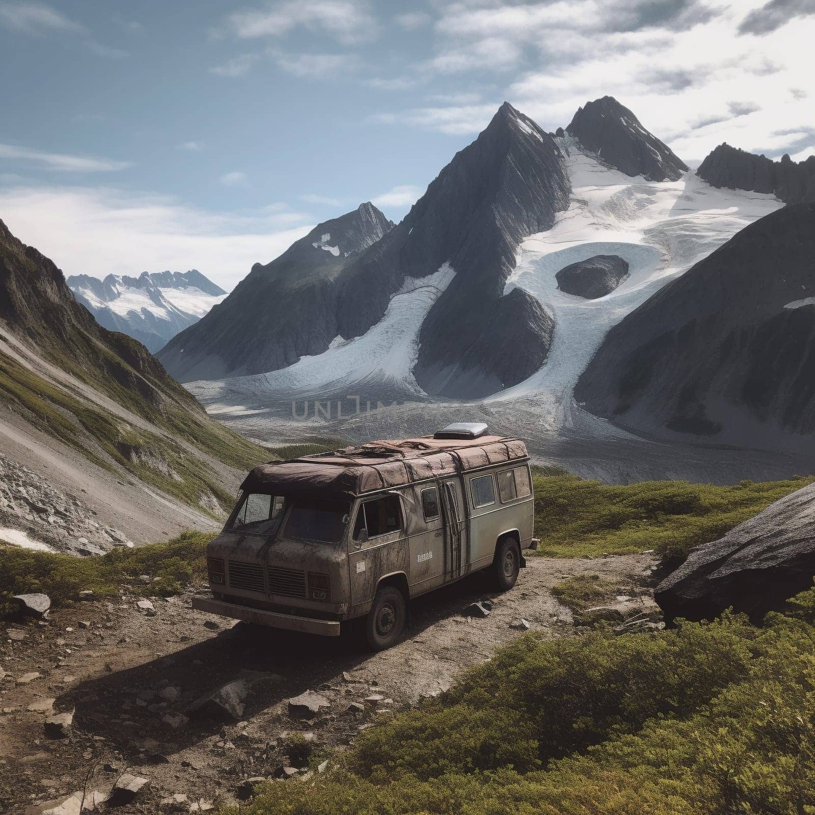 This incredible image features a rugged camper van parked on the edge of a remote wilderness area, with towering mountains and a glacier visible in the background. The van's exterior is covered in dirt and mud, suggesting that it has been on some exciting adventures in the past. On the roof of the van, a set of mountaineering gear is visible, indicating that the occupants are experienced and adventurous climbers. A small trail leads from the van into the wilderness, suggesting a day spent exploring the rugged terrain and enjoying the natural beauty of the area.