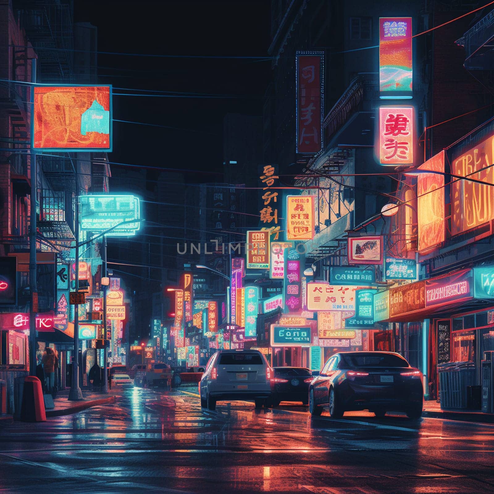 This image depicts a city street at night, with neon signs and billboards glowing brightly. The signs are rendered in bold, bright colors, creating a sense of energy and movement.