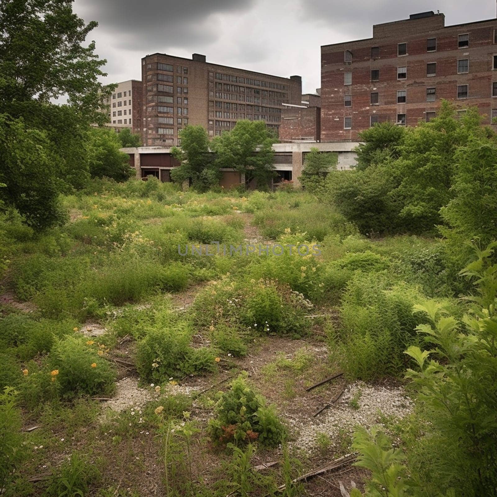 This image captures the beauty in the contrast between the natural beauty of a garden growing in a dilapidated urban space and the decay of the surrounding environment. The garden could be growing in an abandoned parking lot or an old industrial site, for example. The garden is filled with hardy plants and flowers that thrive in the urban environment. The image conveys the sense of hope and renewal that comes from seeing something beautiful growing in a space that has been abandoned or neglected.