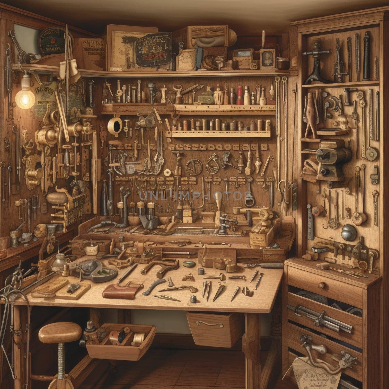 See the complexity of the woodworking process with this image showcasing a variety of tools and materials arranged in an aesthetically pleasing and organized manner. Get a glimpse of the range of equipment used in woodworking.