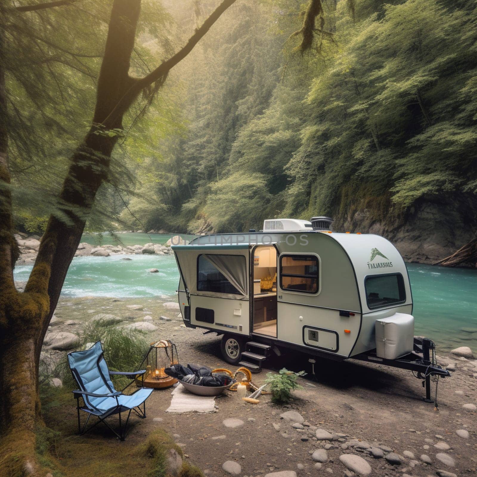 Experience the beauty of riverside living with this image of a camper trailer parked on the edge of a crystal-clear river, surrounded by lush greenery and a rocky shoreline. The trailer's large windows provide stunning views of the river, offering a front-row seat to the beauty of nature. A set of fishing rods are visible inside the trailer, inviting you to spend a lazy afternoon casting your line into the river. A small fire pit is set up outside the trailer, providing a cozy spot to gather around on cool evenings and toasting marshmallows. This is the perfect location for a riverside retreat and a fishing enthusiast.