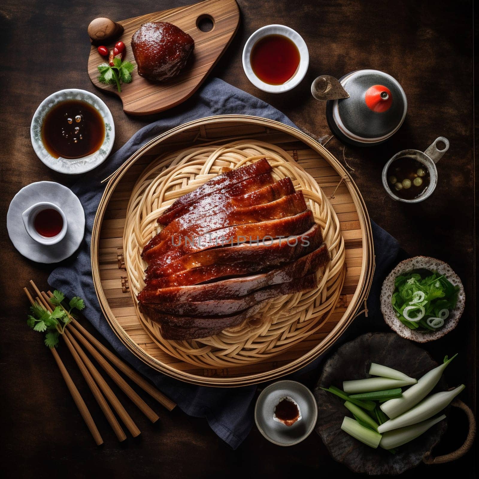 Behold the impressive sight of a whole roasted Chinese Peking Duck in this overhead shot. Expertly carved into thin slices and arranged on a platter, the duck is accompanied by thin pancakes, scallions, and hoisin sauce, arranged neatly on a wooden board. In the background, there's a bustling Chinese restaurant scene, with colorful decorations and lively chatter adding to the festive atmosphere. The dramatic, diffused lighting with a reflector highlights the details and colors of the dish, creating an elegant and refined mood.