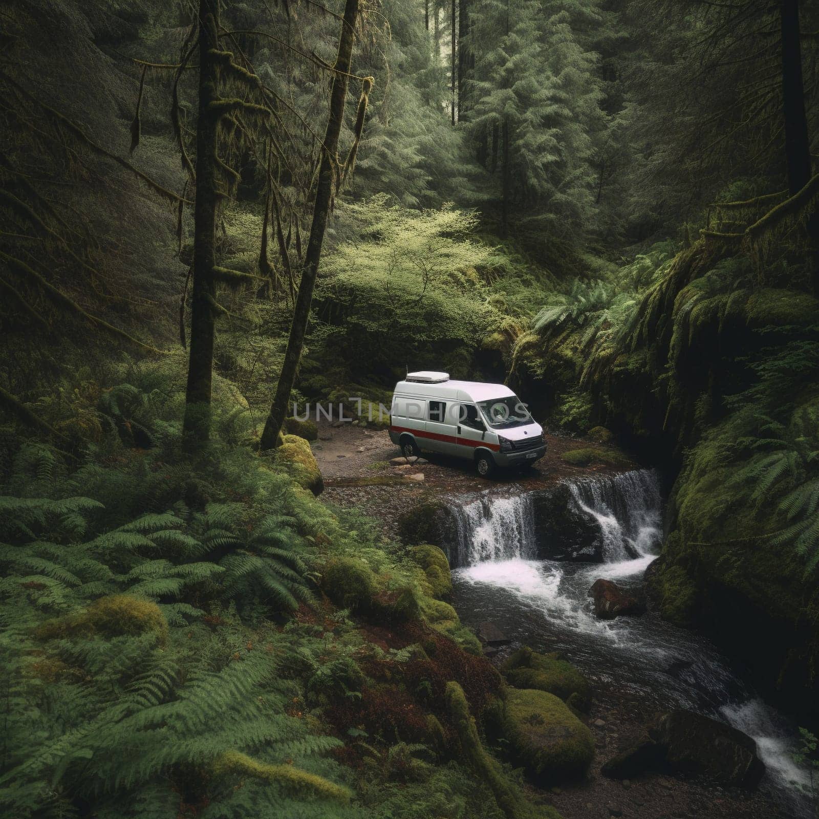 Escape to the peace and quiet of nature with this image of a camper van parked in a quiet forest clearing, with a small stream and a waterfall visible in the background. The van's exterior is covered in moss and ferns, blending seamlessly into the natural surroundings and becoming one with the environment. A pair of hiking boots and a backpack are visible on the ground, suggesting a day spent exploring the nearby trails and discovering the beauty of the forest. This is the perfect location for hikers, nature lovers, and anyone seeking the tranquility and beauty of the great outdoors.