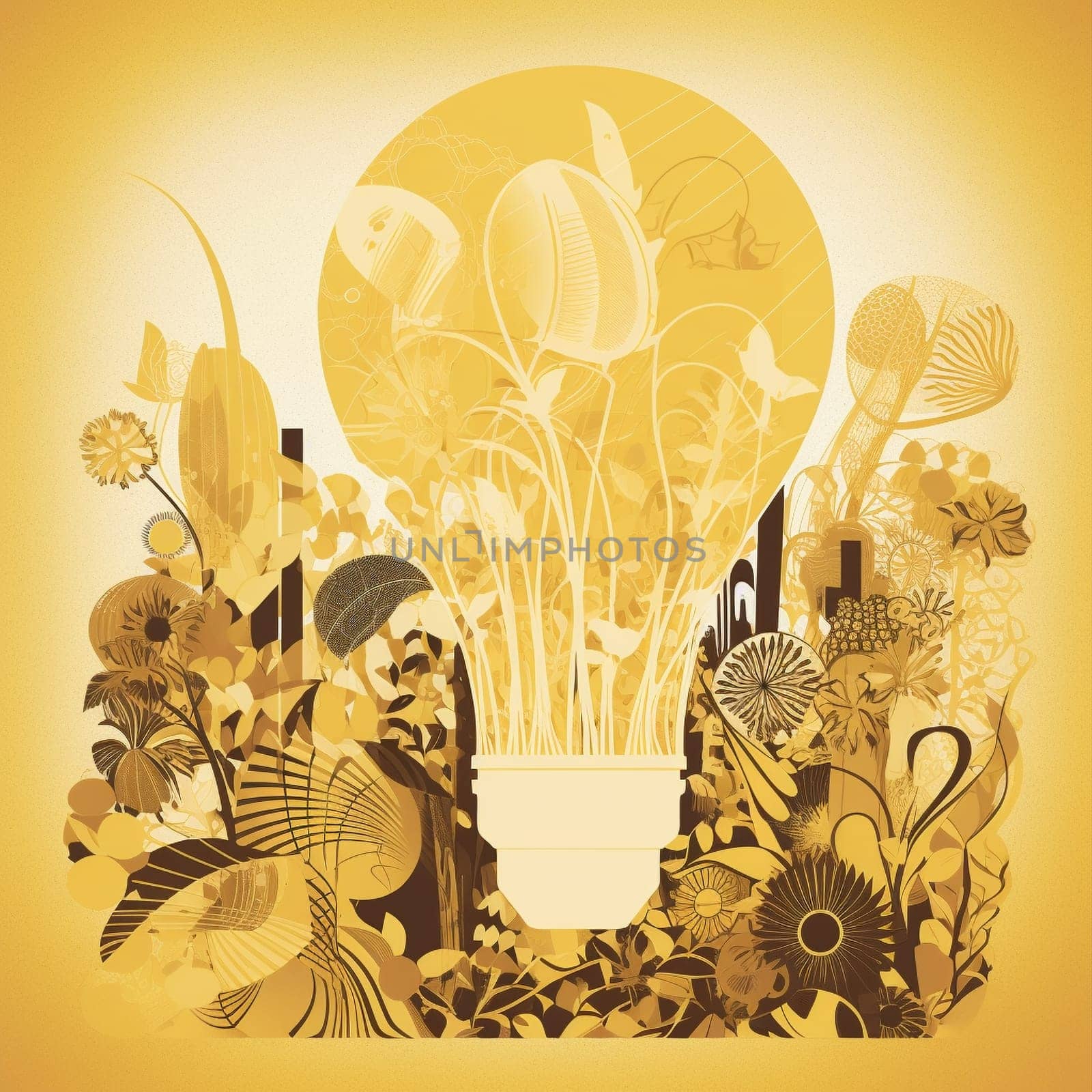 This image features a paper cutout of a light bulb rendered in shades of yellow, surrounded by a variety of other energy-related cutouts arranged in a flowing, organic pattern. The overall effect is visually striking and informative, highlighting the importance of reducing our energy consumption and promoting sustainable energy practices.
