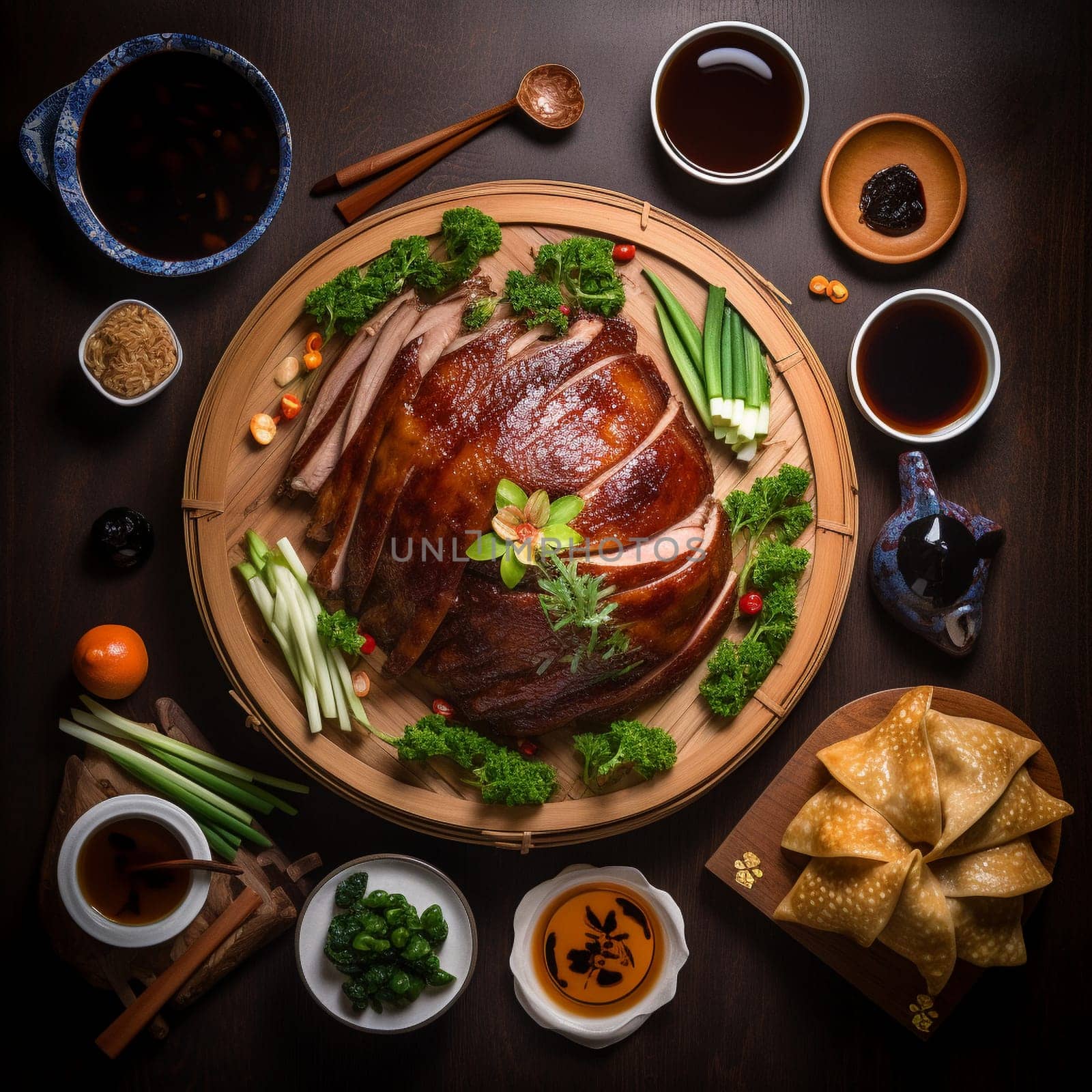 Behold the impressive sight of a whole roasted Chinese Peking Duck in this overhead shot. Expertly carved into thin slices and arranged on a platter, the duck is accompanied by thin pancakes, scallions, and hoisin sauce, arranged neatly on a wooden board. In the background, there's a bustling Chinese restaurant scene, with colorful decorations and lively chatter adding to the festive atmosphere. The dramatic, diffused lighting with a reflector highlights the details and colors of the dish, creating an elegant and refined mood.