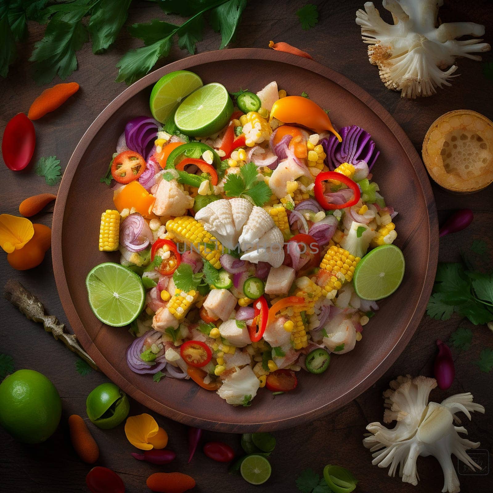 Taste the flavors of the Bahamas with Conch Salad - a fresh plate of diced conch mixed with colorful vegetables and citrus. This authentic Bahamian dish is perfect for a seaside dining experience, with the tender and juicy conch complementing the herbs and spices. Enjoy the unique flavors of this dish, enhanced by traditional Bahamian ingredients such as lime juice, hot peppers, and green onions.
