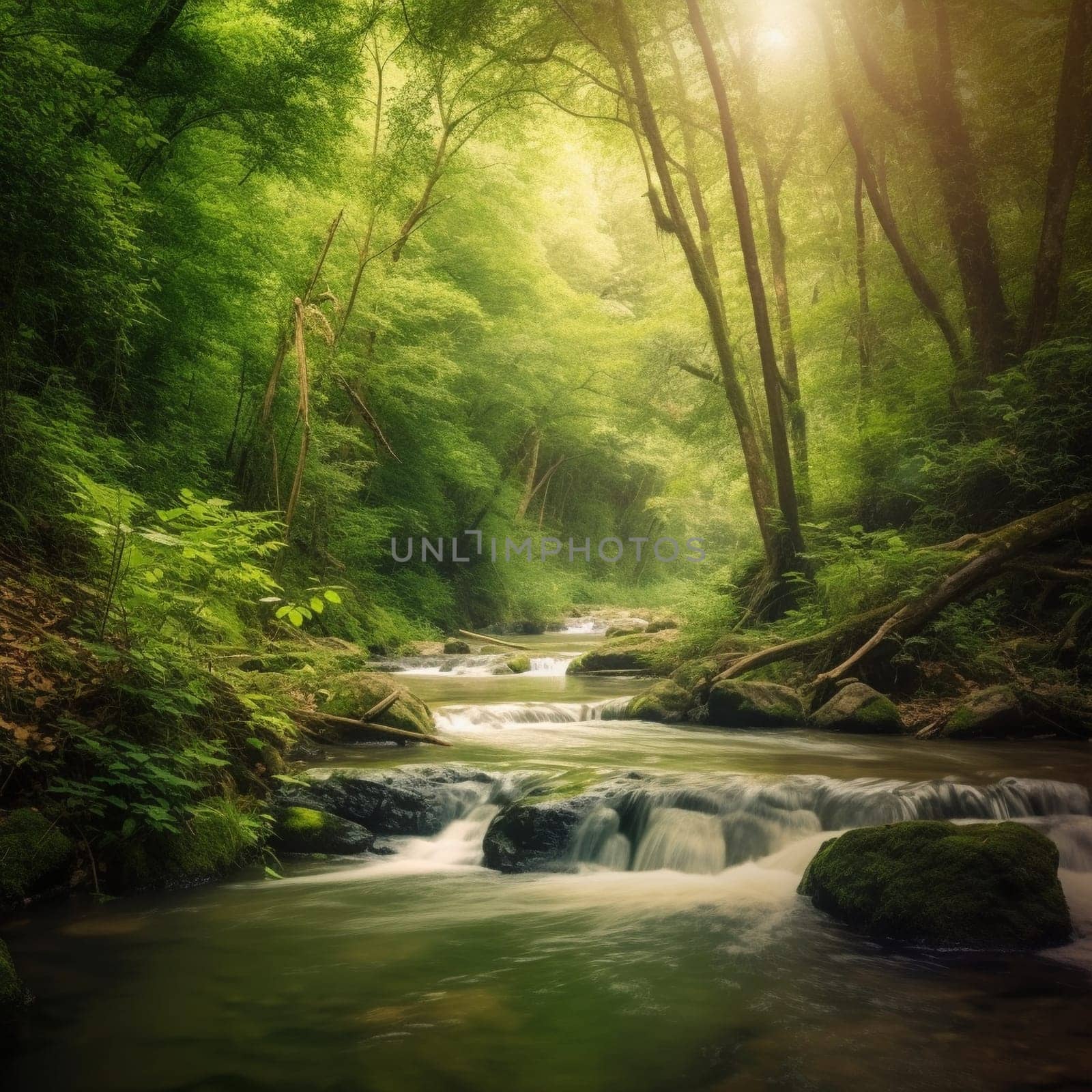 This image depicts a serene river flowing through a lush green forest, with a waterfall cascading in the background. It celebrates World Water Day and inspires people to take action in preserving our planet's water resources. Clean and accessible water is essential for life and is a human right. However, water scarcity, pollution, and climate change threaten the availability and quality of water resources around the world. This image serves as a reminder of the beauty and importance of water and encourages individuals and communities to take action in protecting and conserving this precious resource.