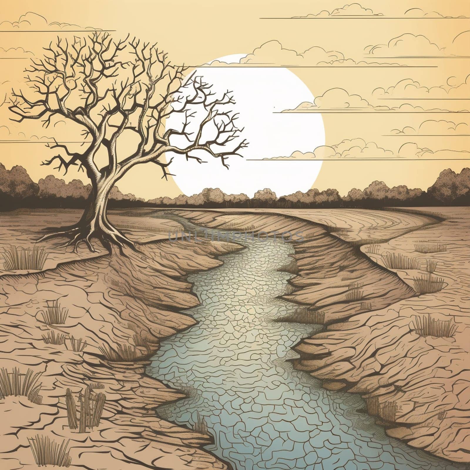This image depicts a dry riverbed or lake to illustrate the impact of water scarcity on the environment and local communities. It raises awareness about the urgent need to conserve water resources. Water scarcity is a global issue that affects billions of people, and it can have devastating impacts on ecosystems, agriculture, and human health. By depicting the stark reality of water scarcity, this image encourages viewers to take action to reduce their water use and promote sustainability. This image represents the potential for awareness-raising to create positive change and promote environmental stewardship.