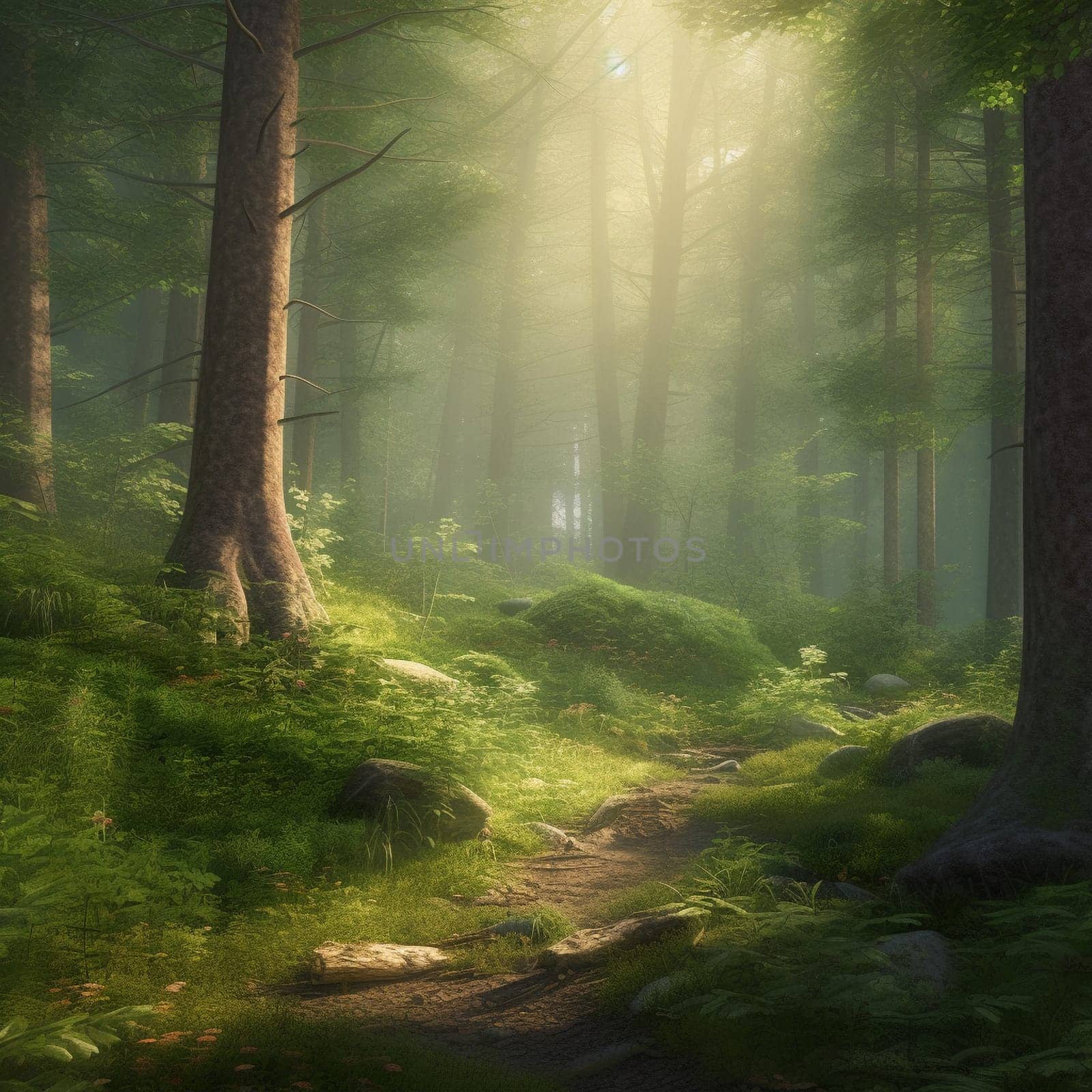 Step into a world of natural beauty and serenity with this stunning forest scene. The forest could be dense and lush, with tall trees and soft undergrowth that invite exploration and contemplation. There's a sense of calm and tranquility that permeates the scene, with the sounds of birds and rustling leaves in the background. This is a place to escape from the stress of everyday life and find inner peace.