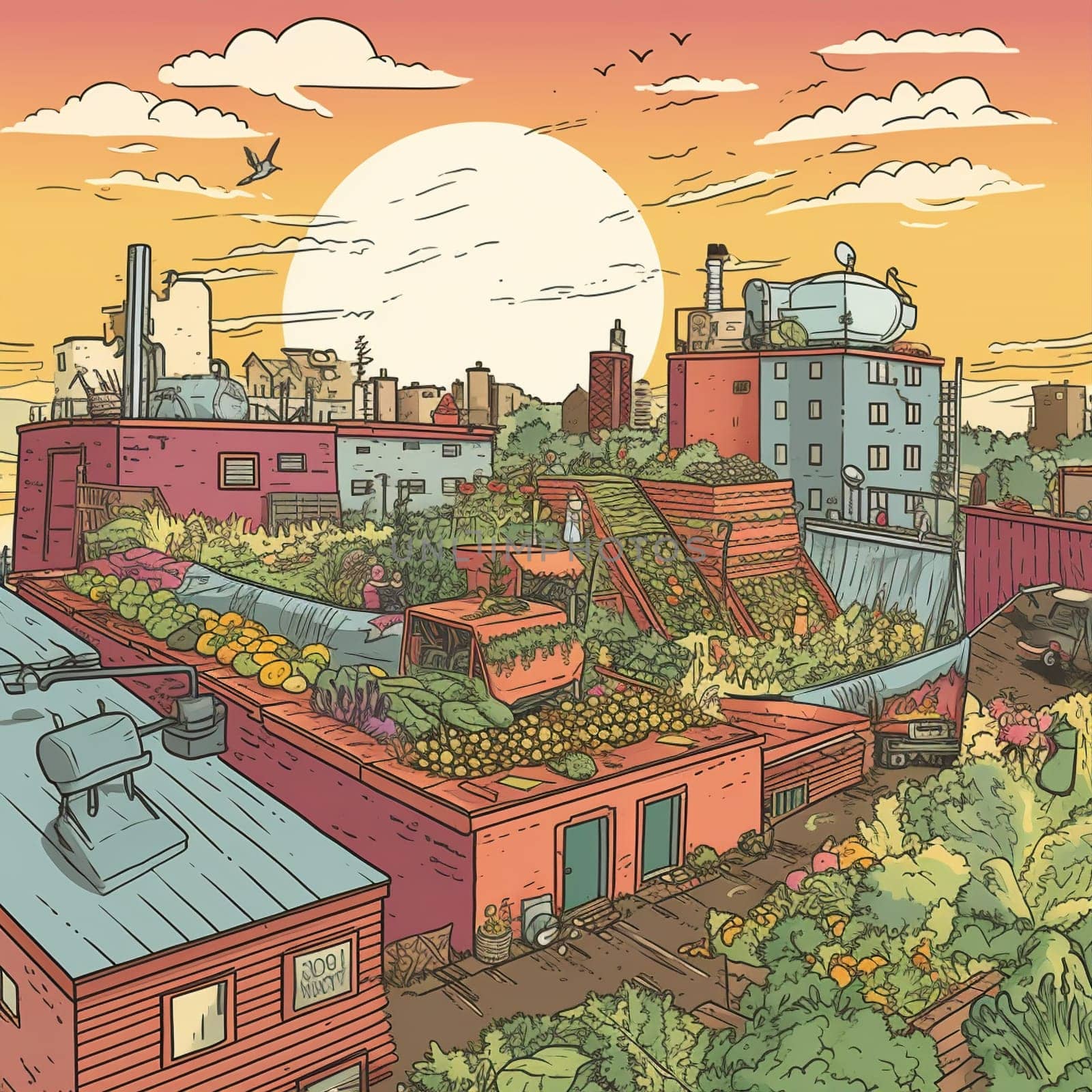 Experience the potential for sustainability in the city with this image of a rooftop farm that encourages community members to participate in a composting program. By bringing their food scraps and other organic waste, they contribute to a closed-loop system that promotes circular economies and reduces waste. The image showcases the beauty of urban farming and the importance of community involvement in promoting sustainable practices.
