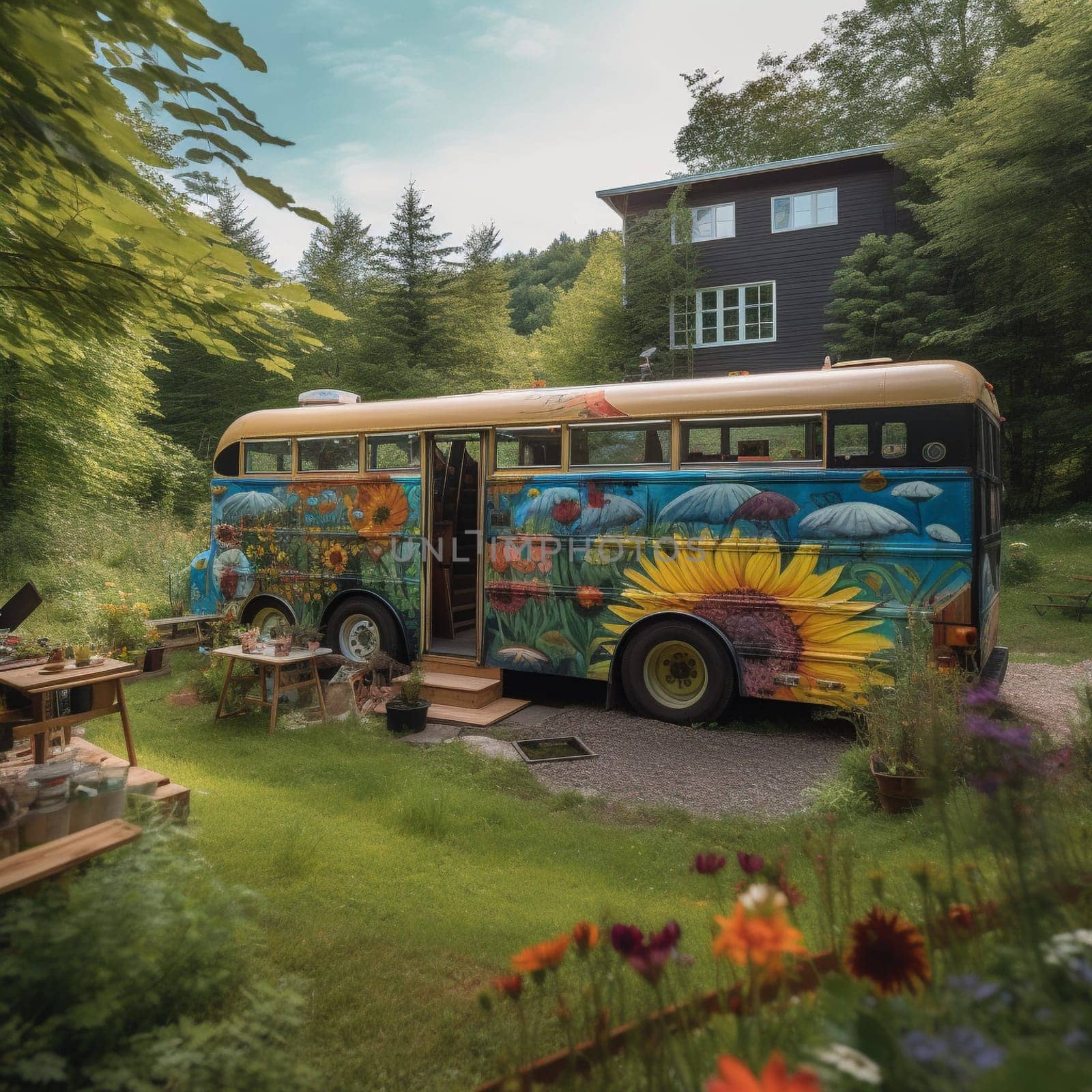 This charming image features a converted school bus parked in a secluded meadow, surrounded by wildflowers and a babbling brook. The bus's exterior is painted with a colorful and eye-catching mural, reflecting the creativity and artistic spirit of the occupants. On the roof of the bus, a small vegetable garden is visible, providing fresh ingredients for meals and adding to the self-sufficient and sustainable lifestyle of the bus life. Outside the bus, a small wood-fired pizza oven is visible, offering a cozy spot to cook homemade pizzas and enjoy the warm summer evenings with friends and family.