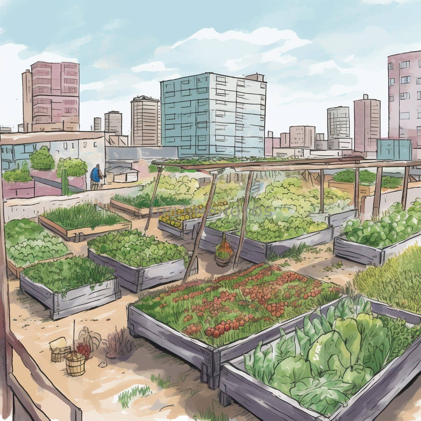 Experience the potential for sustainability in the city with this image of a rooftop farm that encourages community members to participate in a composting program. By bringing their food scraps and other organic waste, they contribute to a closed-loop system that promotes circular economies and reduces waste. The image showcases the beauty of urban farming and the importance of community involvement in promoting sustainable practices.