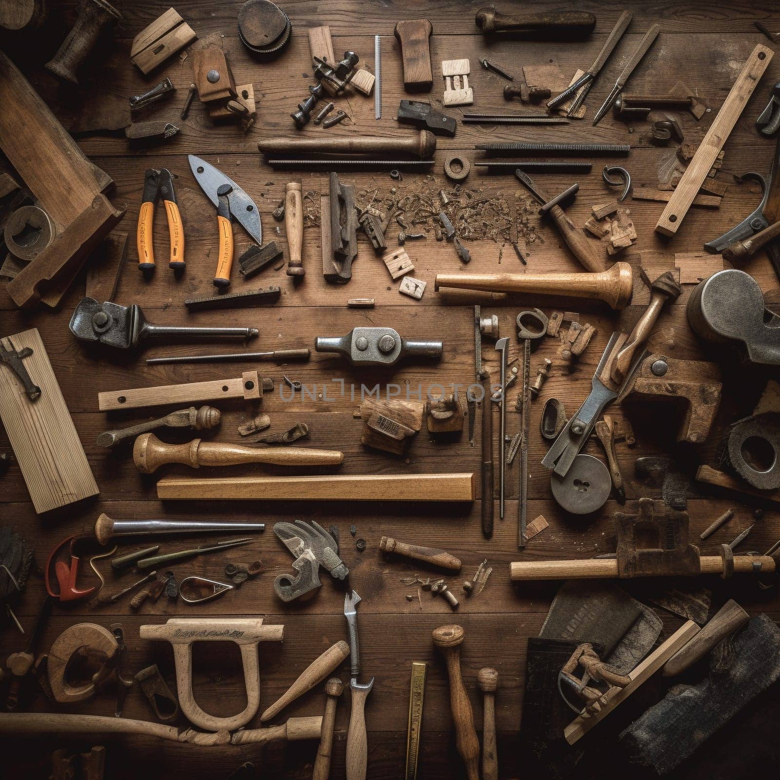 Explore the world of woodworking with this image showcasing a variety of tools and materials, including saws, chisels, hammers, measuring tapes, wood shavings, and different types of wood.