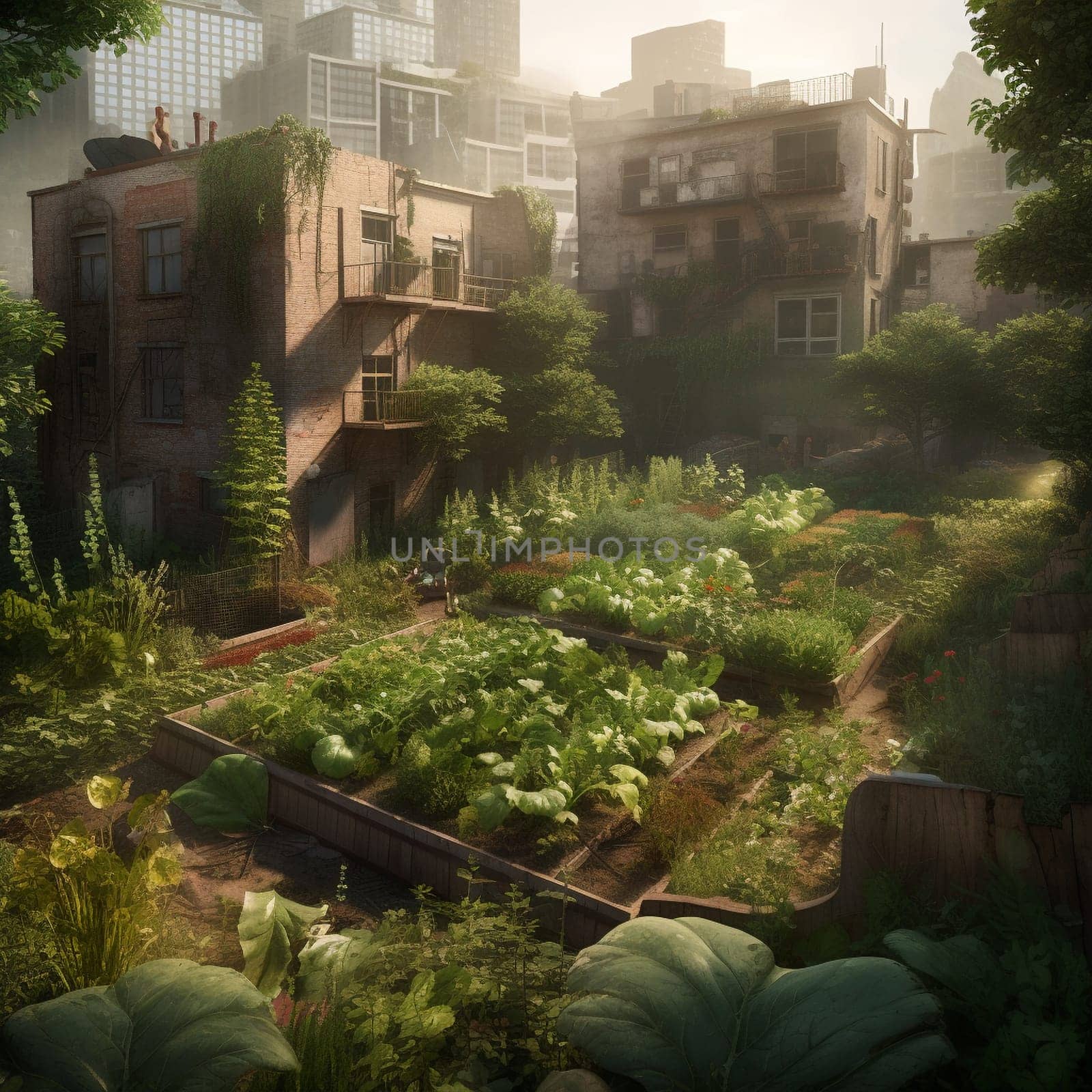 This image captures the resilience and perseverance of urban gardening. It shows a garden growing in the midst of a partially destroyed urban area, filled with plants that thrive in harsh conditions. The image conveys a sense of hope and determination in the face of adversity, highlighting the power of nature to heal and rejuvenate even in the most challenging of environments.